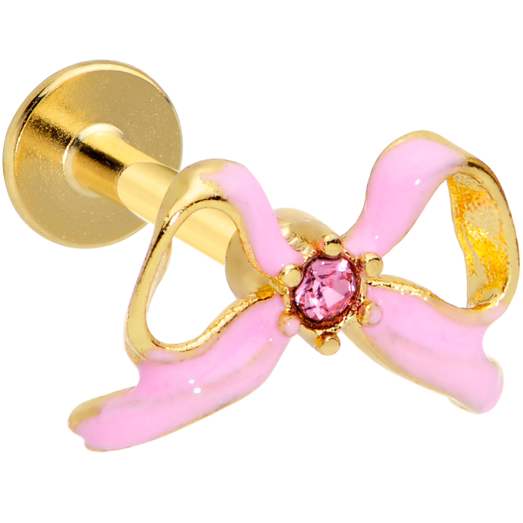 16G 5/16 Pink Gem Gold Tone Pink Bow Labret Monroe Tragus