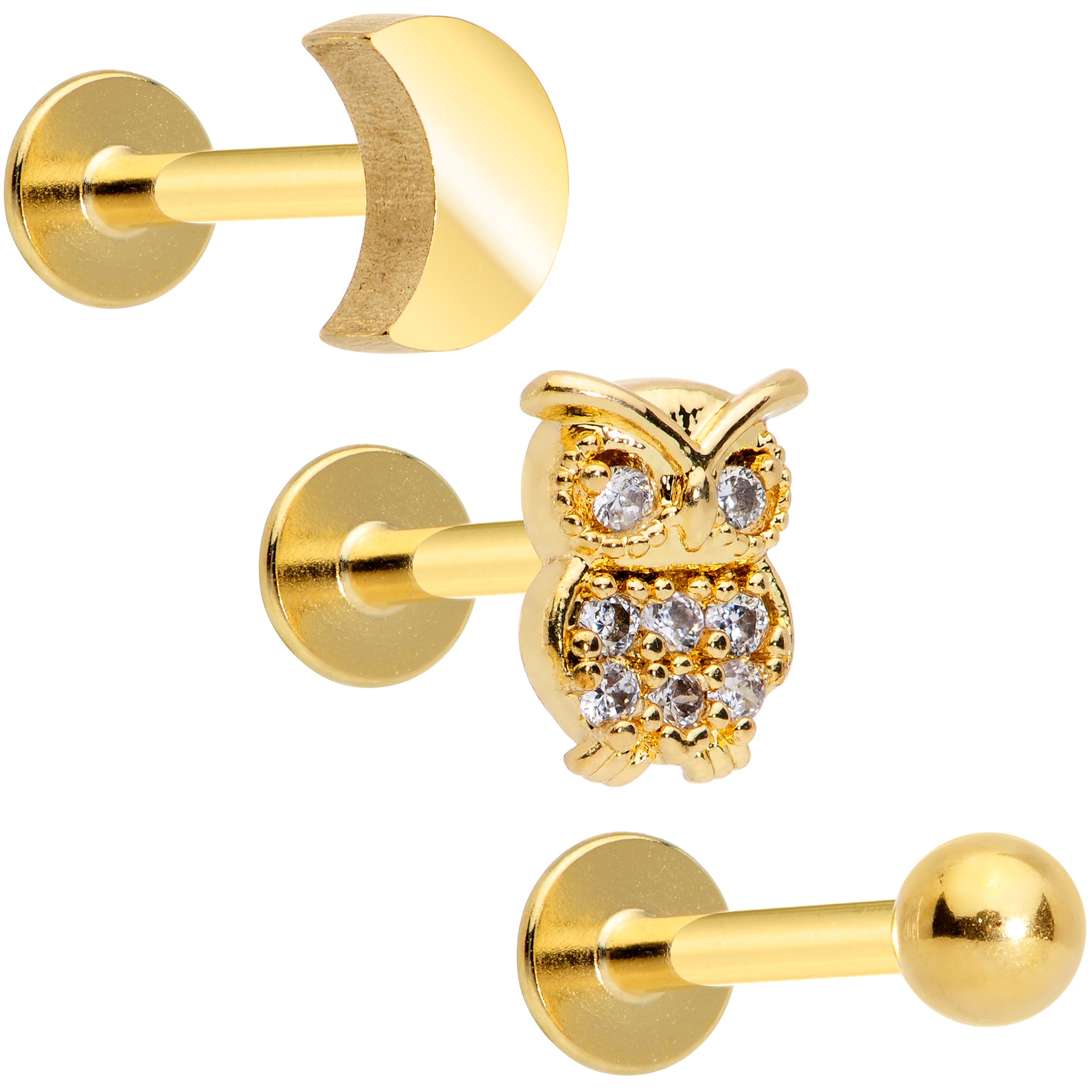 16G 5/16 Gold Tone Clear Gem Owl Moon Labret Tragus Set of 3