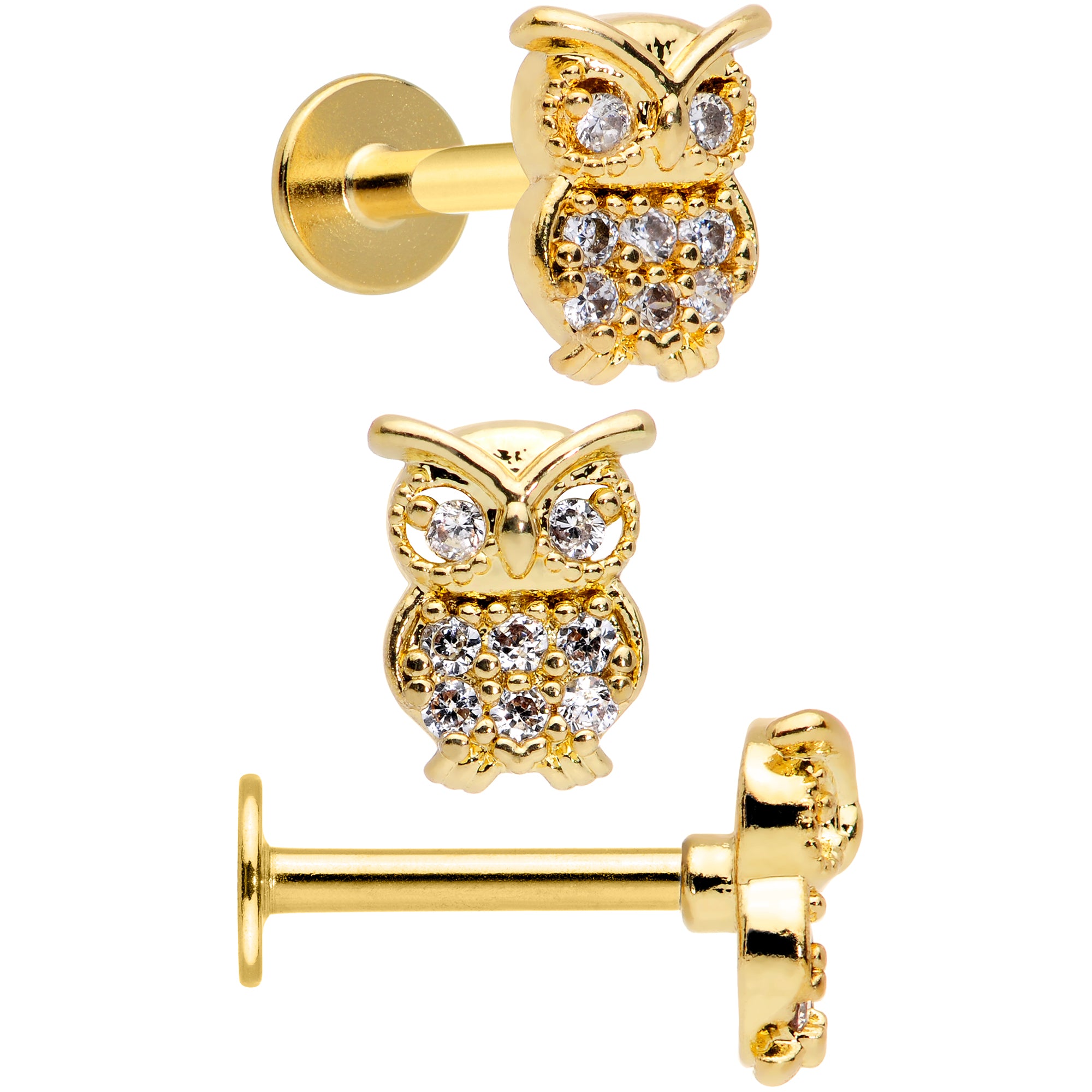 16G 5/16 Gold Tone Clear Gem Owl Moon Labret Tragus Set of 3