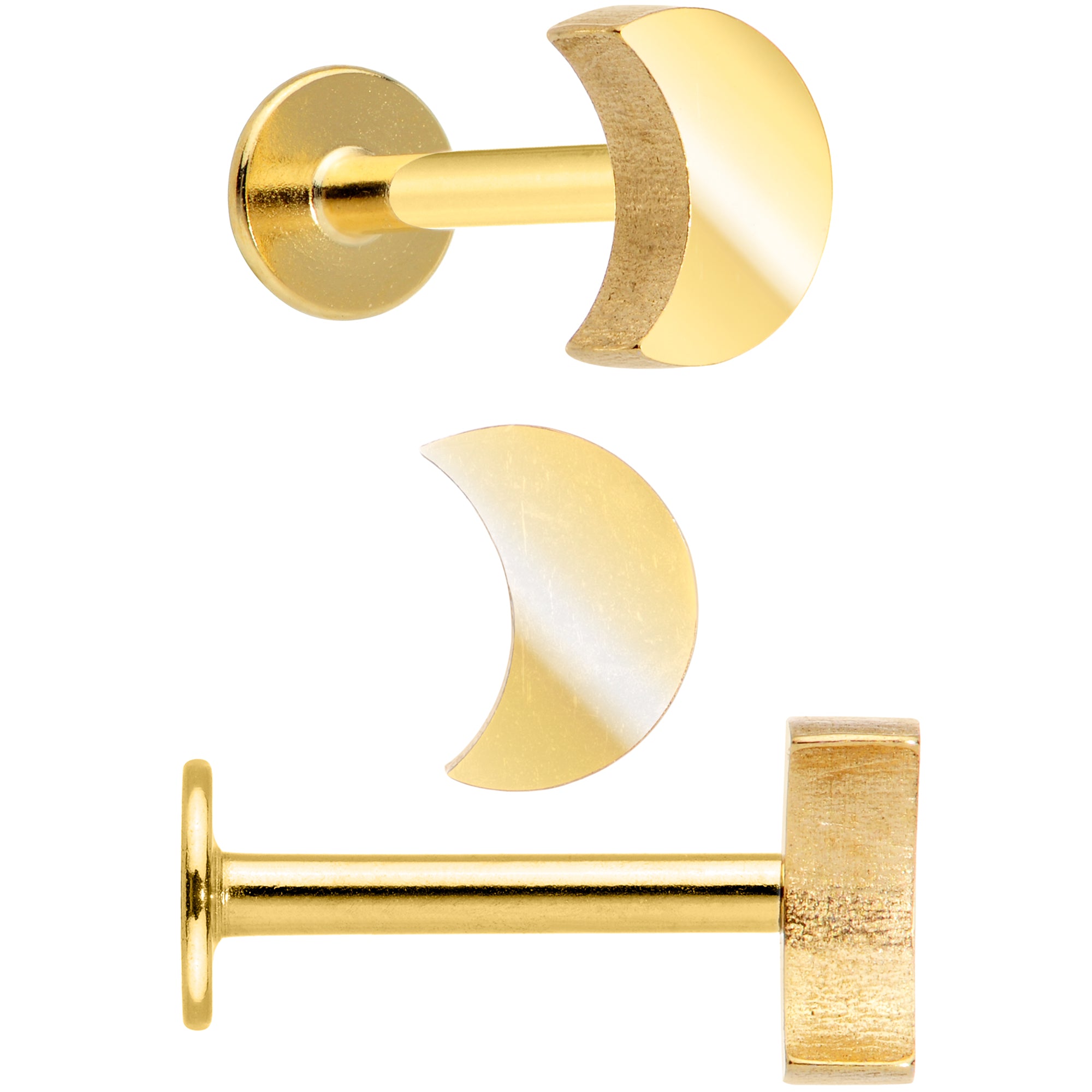 16G 5/16 Gold Tone Clear Gem Owl Moon Labret Tragus Set of 3