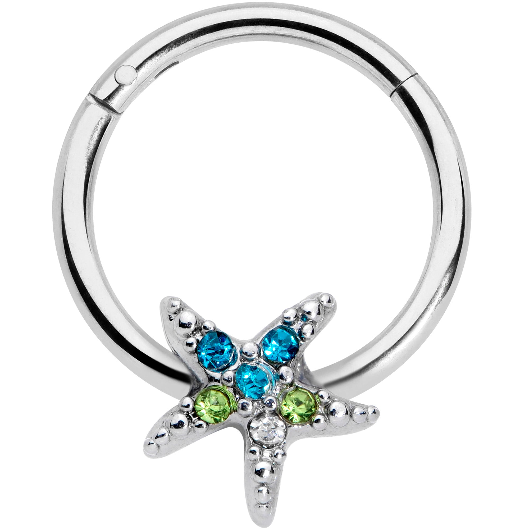 16G 3/8 Blue Green Gem Glam Starfish Hinged Segment Ring