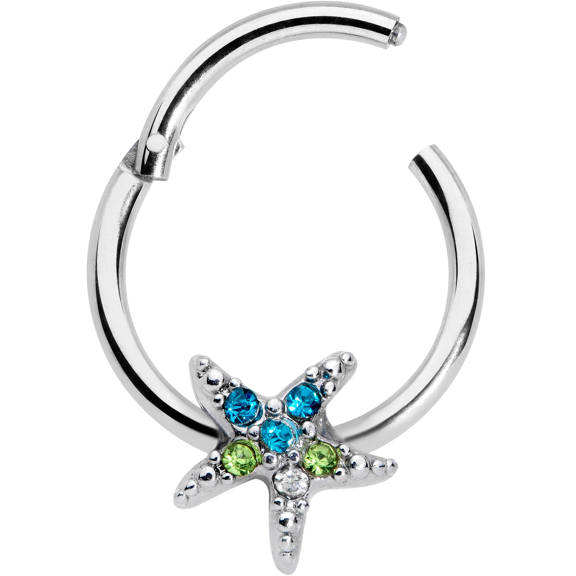 16G 3/8 Blue Green Gem Glam Starfish Hinged Segment Ring