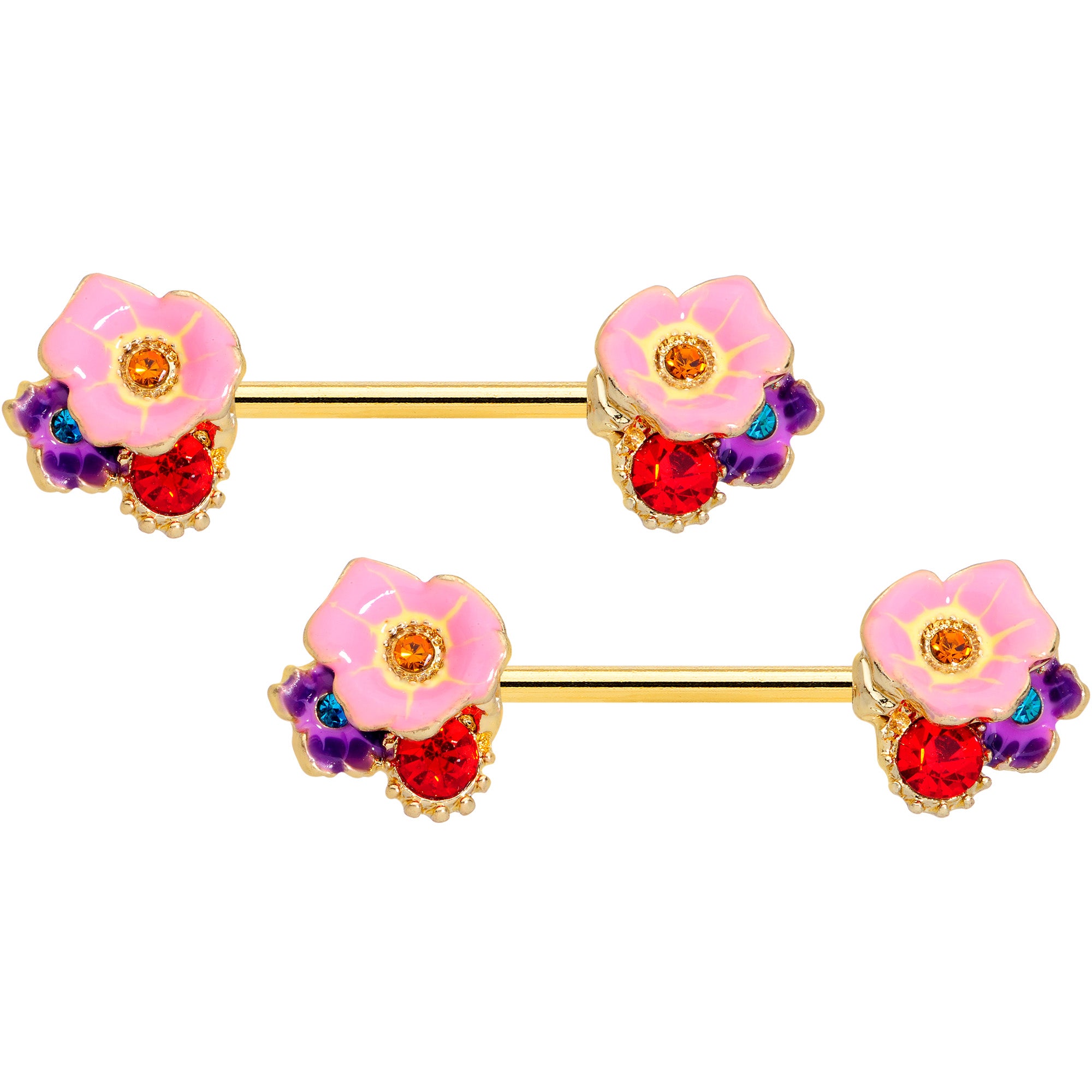 14G 9/16 Red Pink Gem Gold Tone Multi Flower Nipple Ring Set