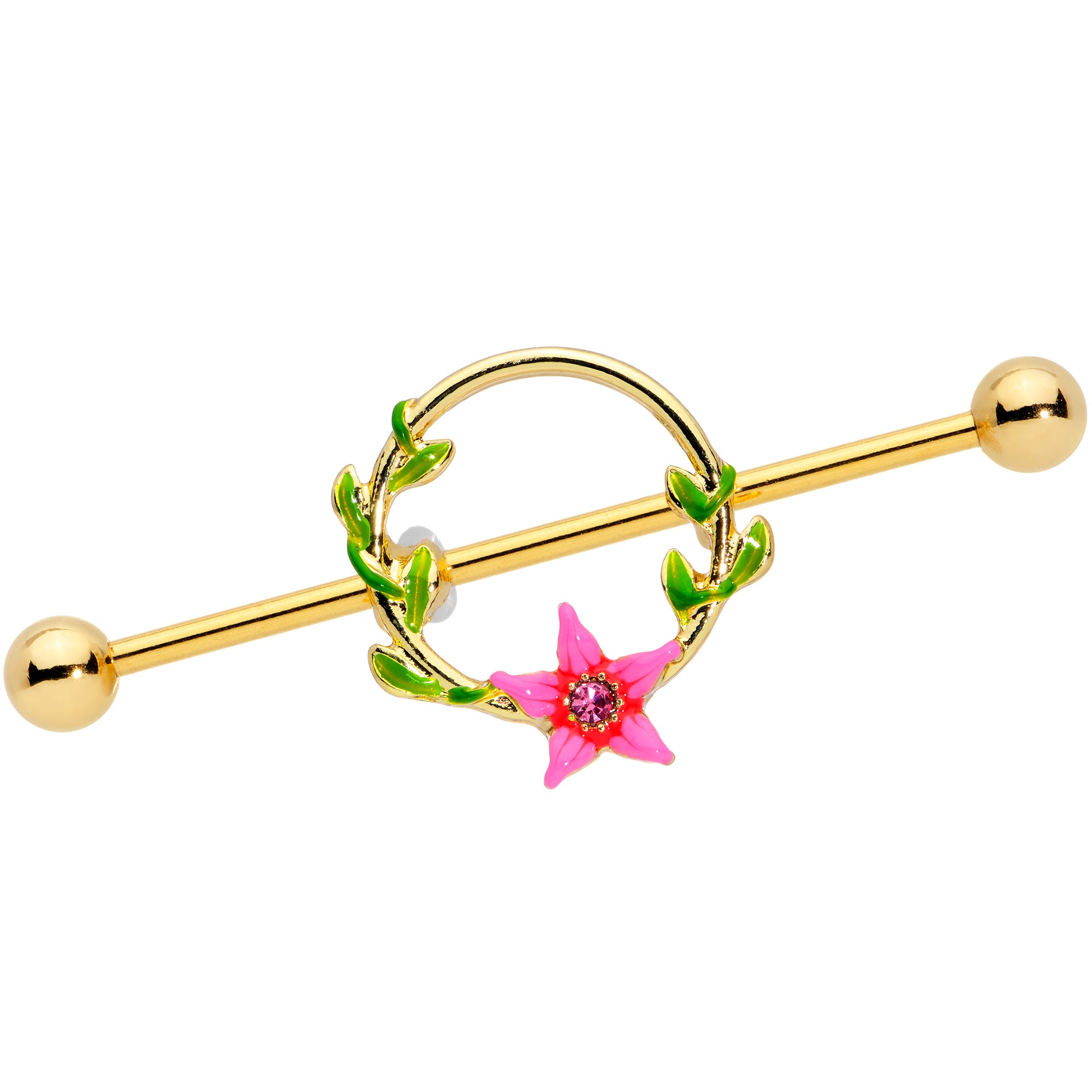 14G Pink Gem Gold Hue Exotic Flower Circle Industrial Barbell 38mm