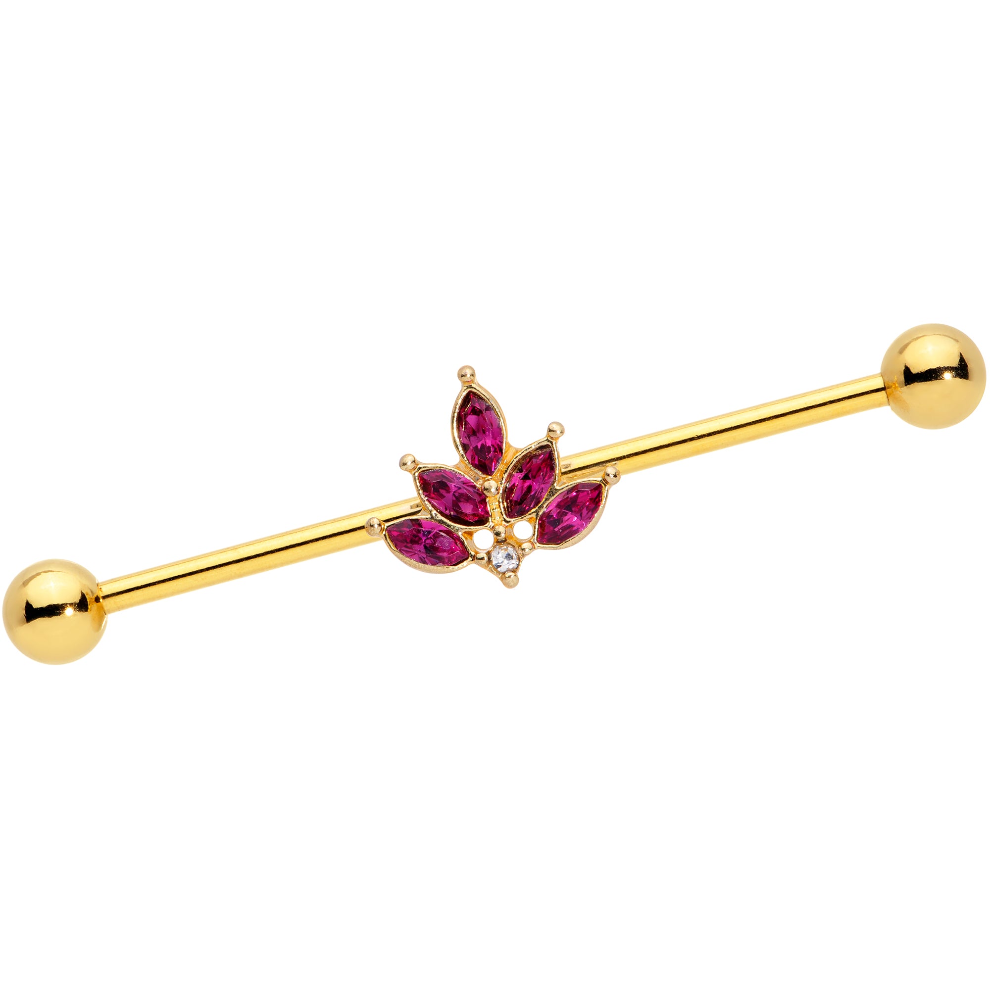 14G Dark Red Gem Gold Tone Autumn Leaves Industrial Barbell 38mm