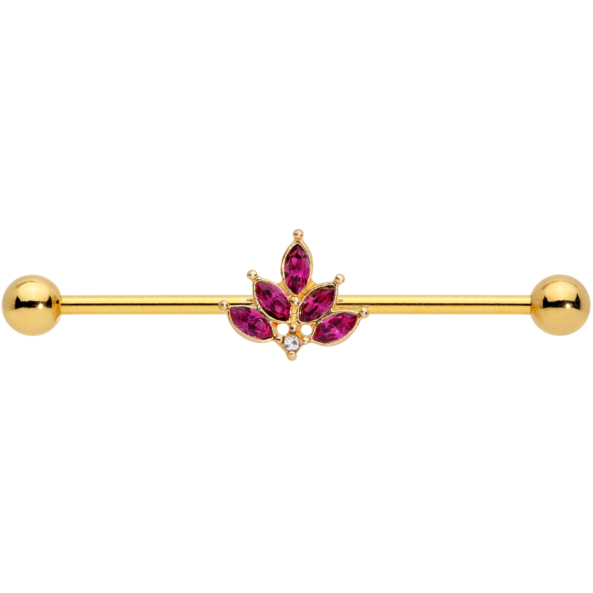 14G Dark Red Gem Gold Tone Autumn Leaves Industrial Barbell 38mm