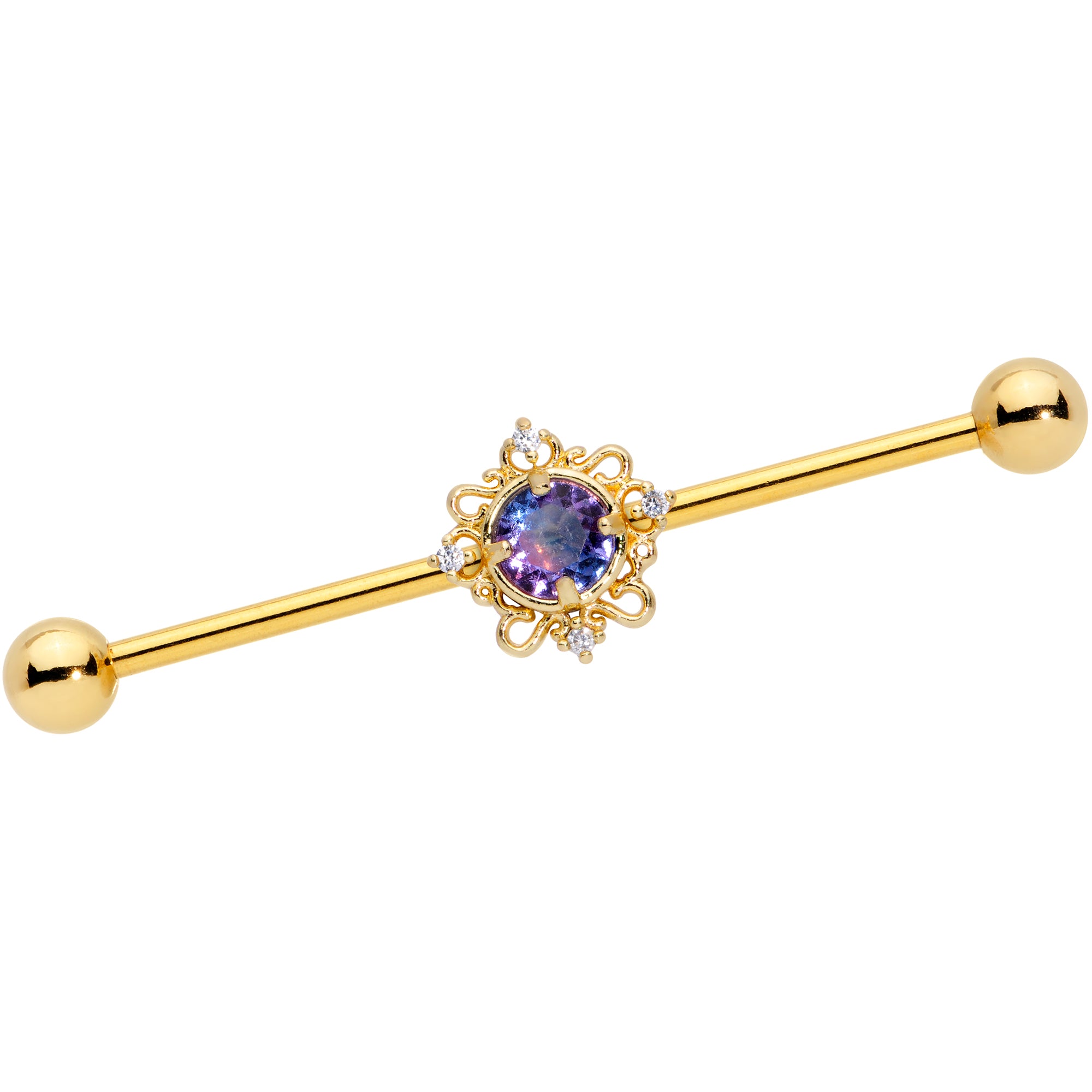 14G Purple Tourmaline Gold Tone Filigree Industrial Barbell 38mm