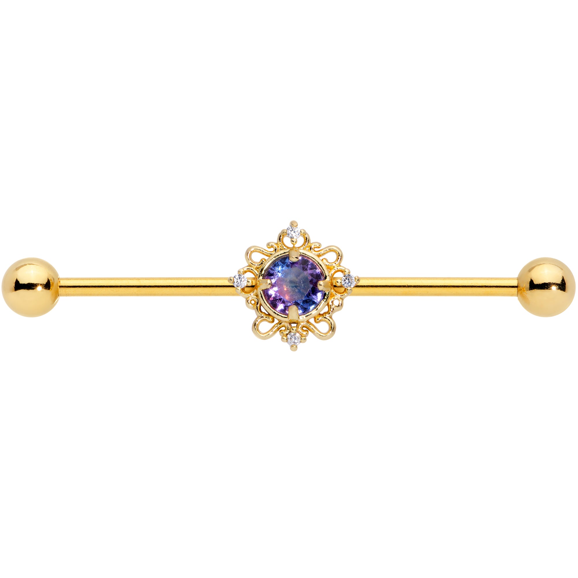 14G Purple Tourmaline Gold Tone Filigree Industrial Barbell 38mm