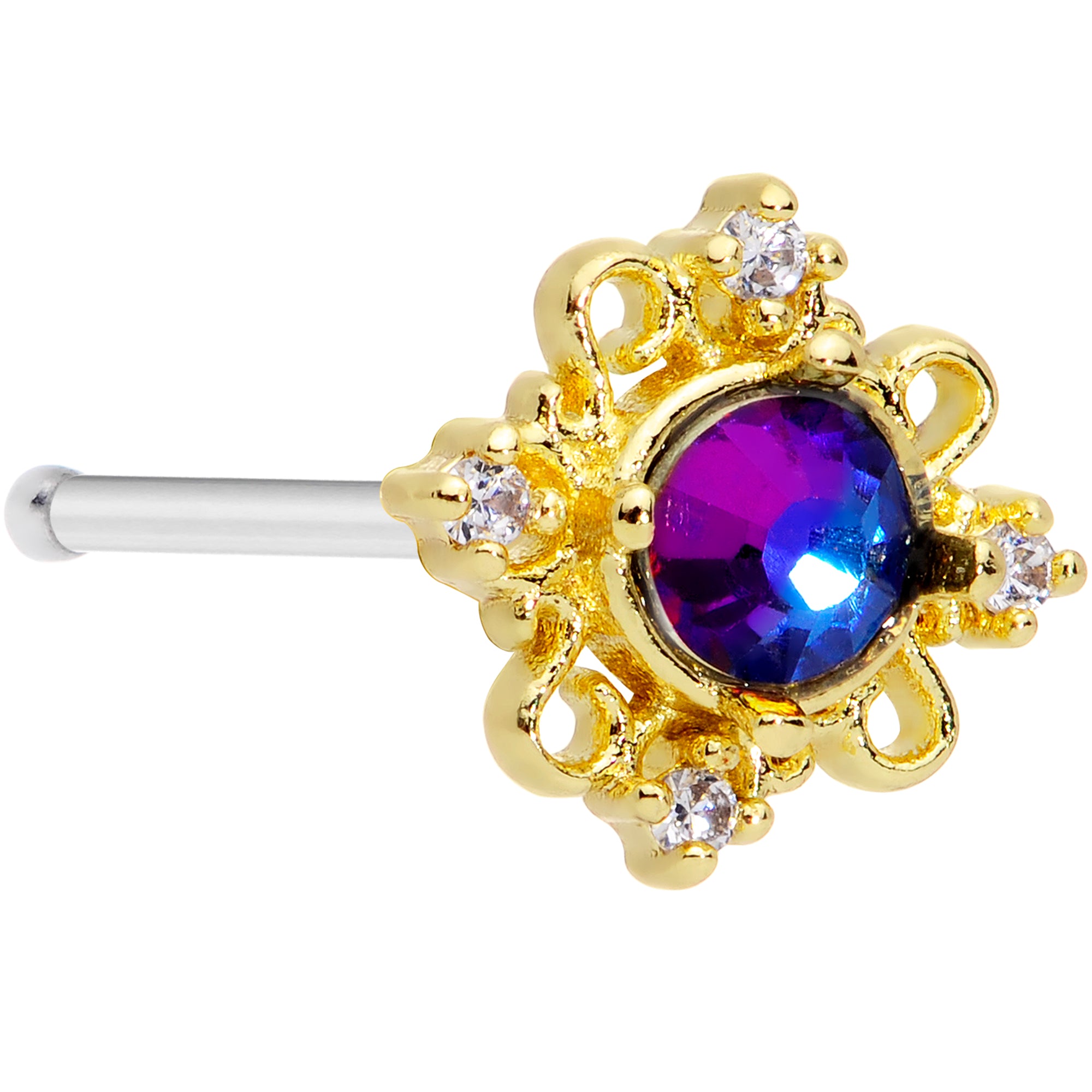 20G 1/4 Purple Tourmaline Gold Tone Filigree Frame Nose Bone