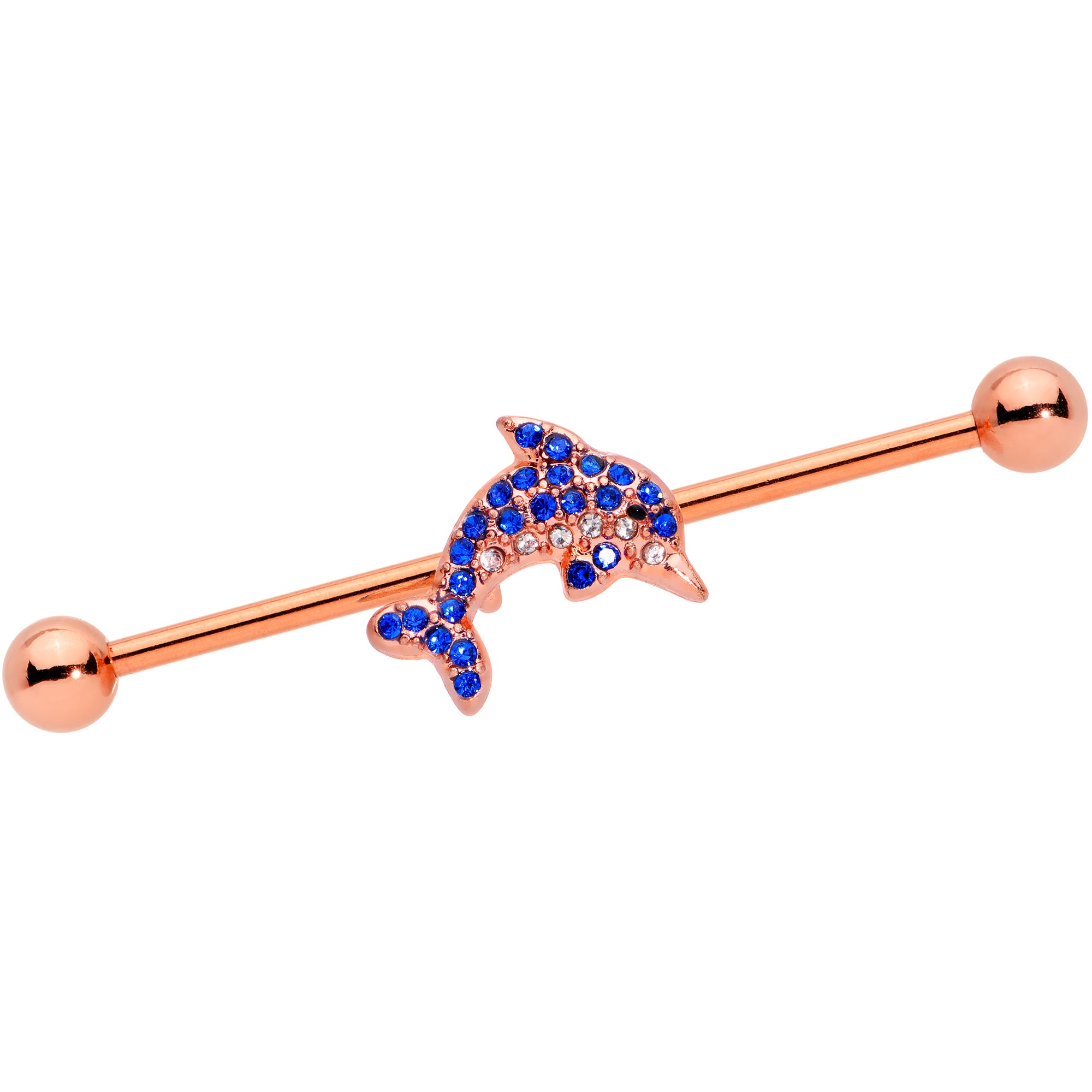 14G Blue Gem Rose Gold Tone Dolphin Industrial Barbell 38mm
