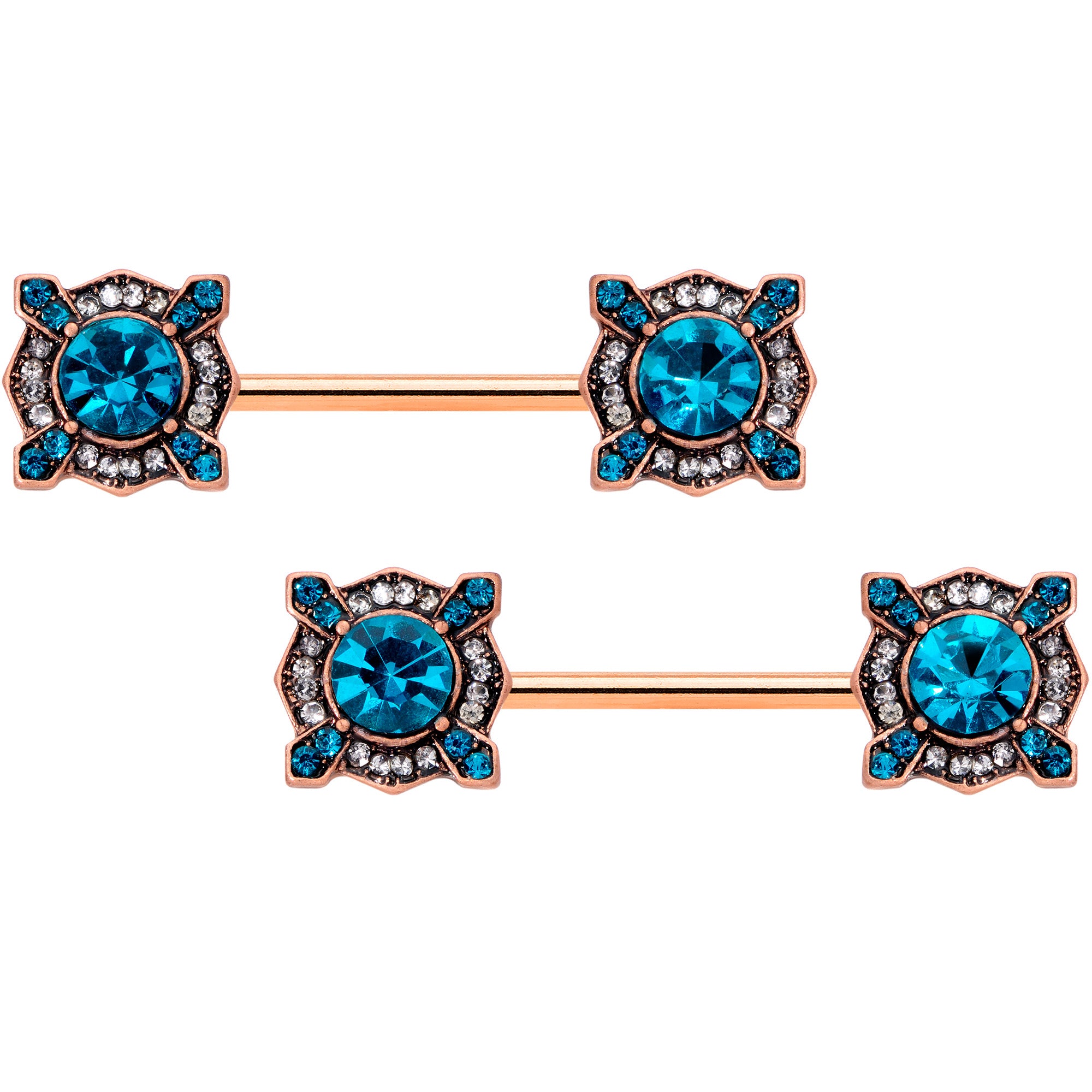 14G 9/16 Aqua Gem Rose Gold Tone Renaissance Nipple Ring Set