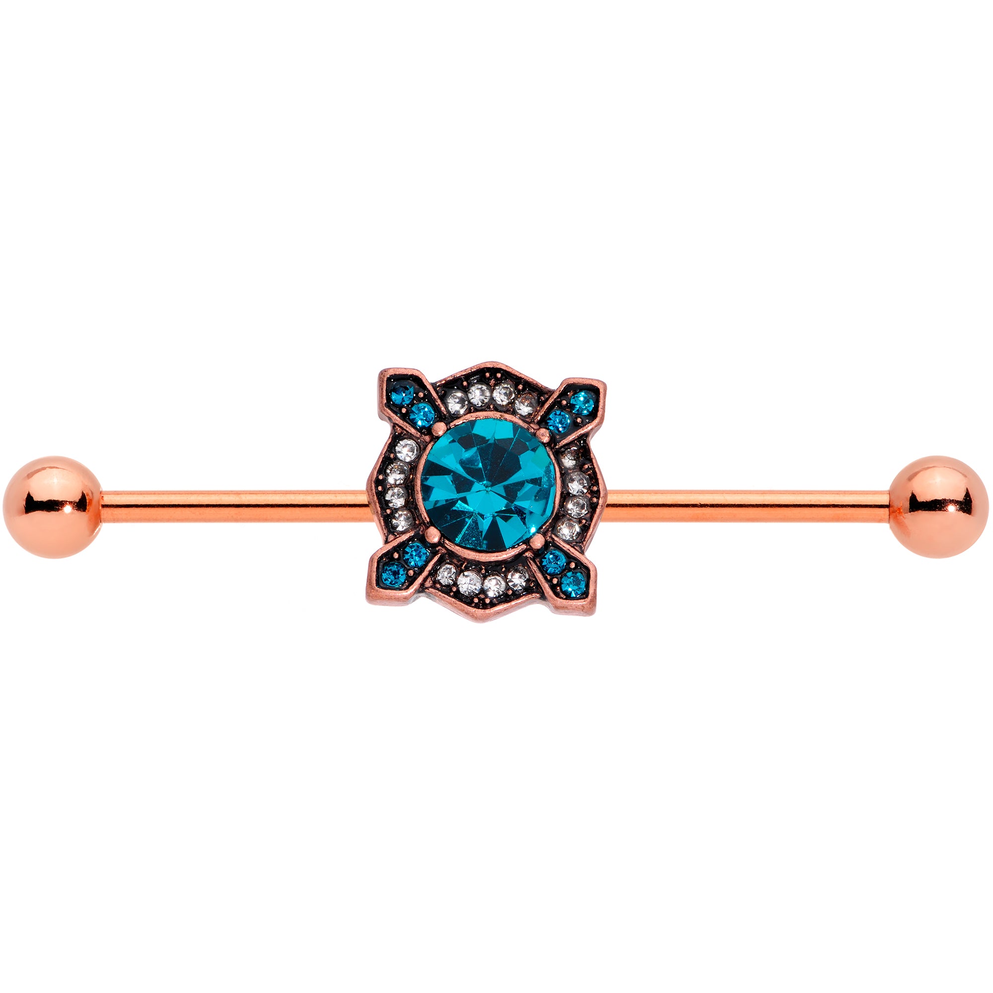 14G Aqua Gem Rose Gold Tone Renaissance Industrial Barbell 38mm