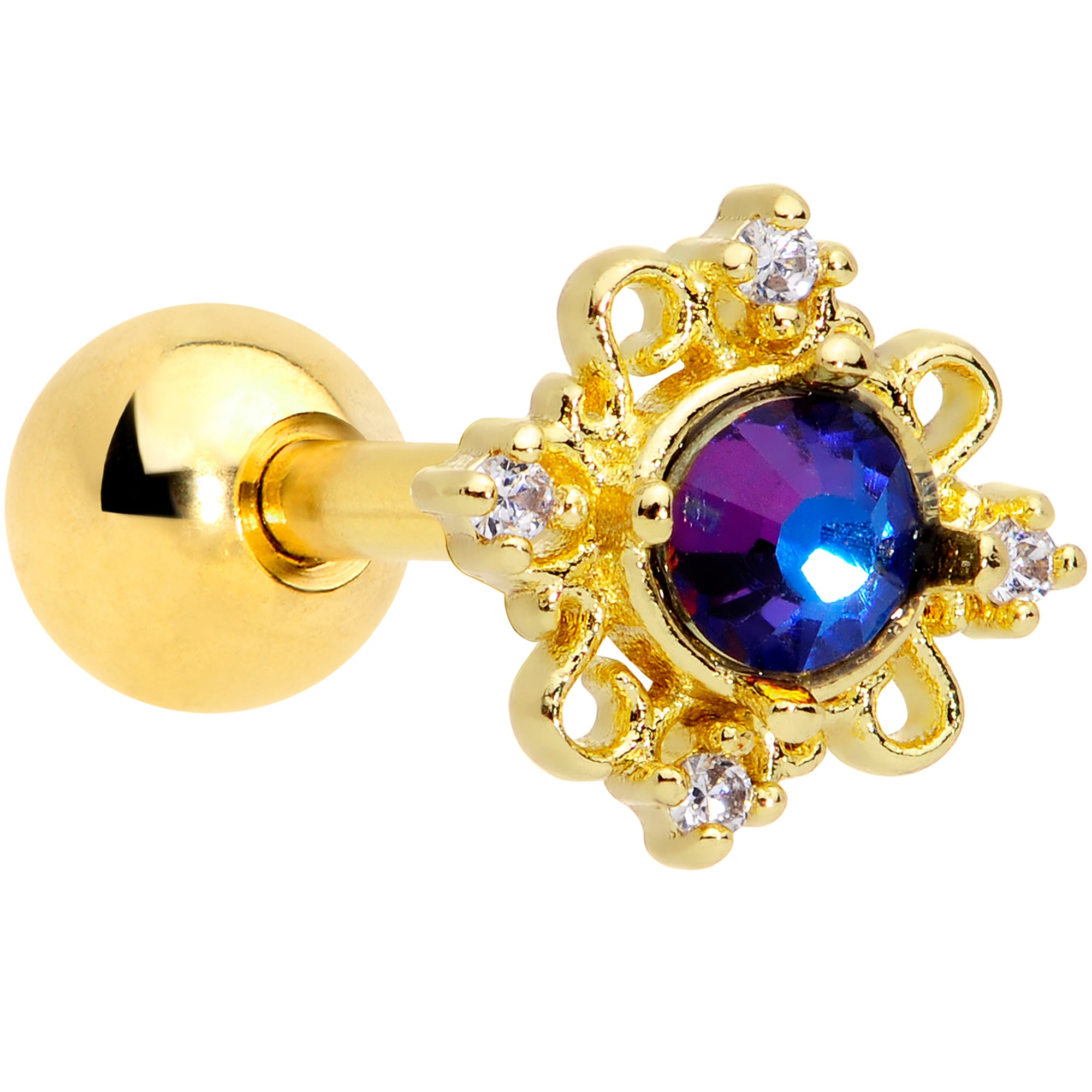 16G 1/4 Purple Tourmaline Gold Tone Filigree Cartilage Tragus