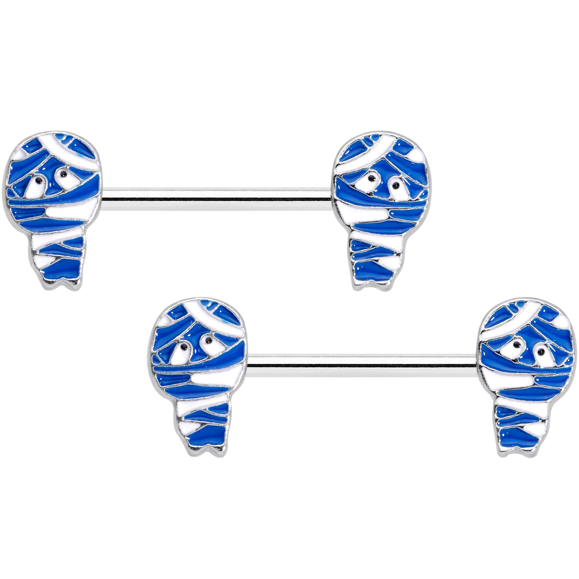 14G 9/16 Blue White Mummy Halloween Barbell Nipple Ring Set