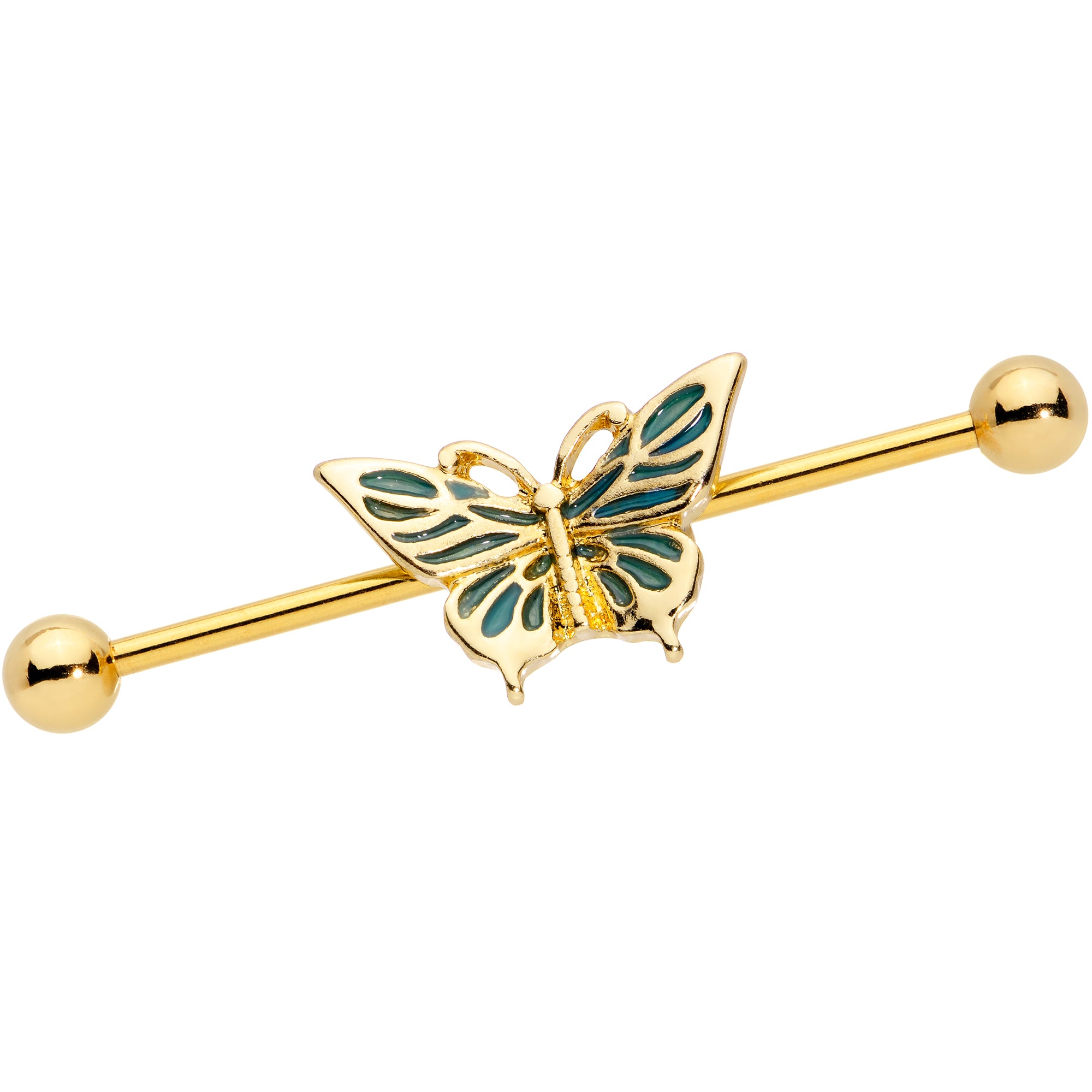 14G Gold Tone Green Inlay Butterfly Industrial Barbell 38mm