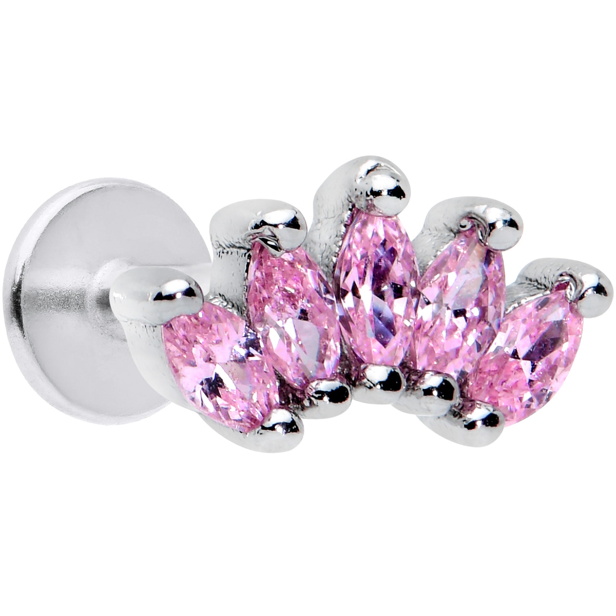 16G 1/4 Pink CZ Gem Crown Labret Monroe Tragus