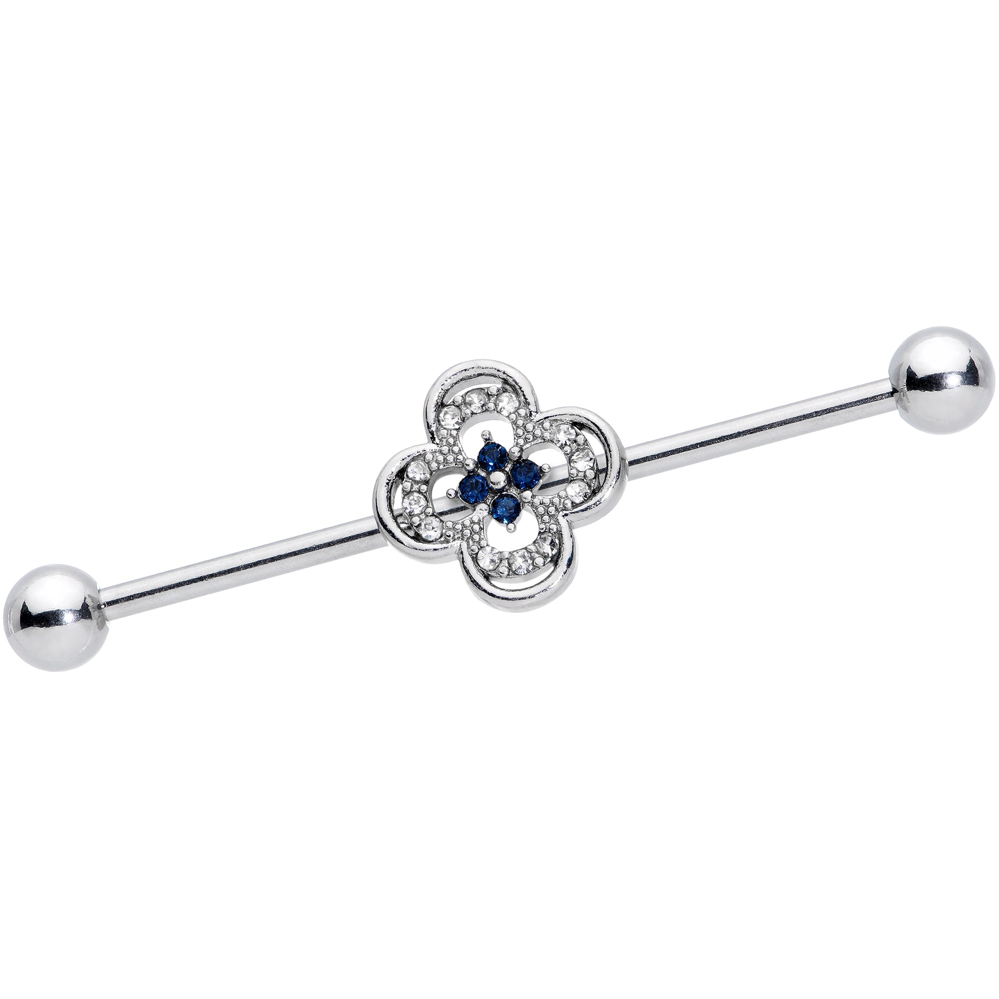 14G Blue Gem Stylized Deco Cross Industrial Barbell 38mm