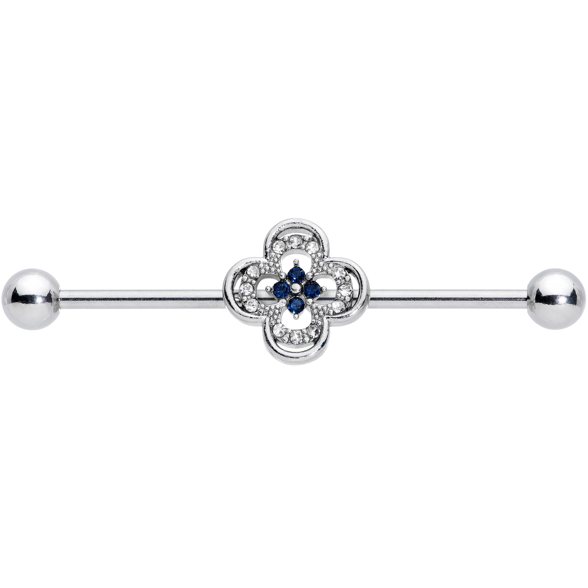 14G Blue Gem Stylized Deco Cross Industrial Barbell 38mm