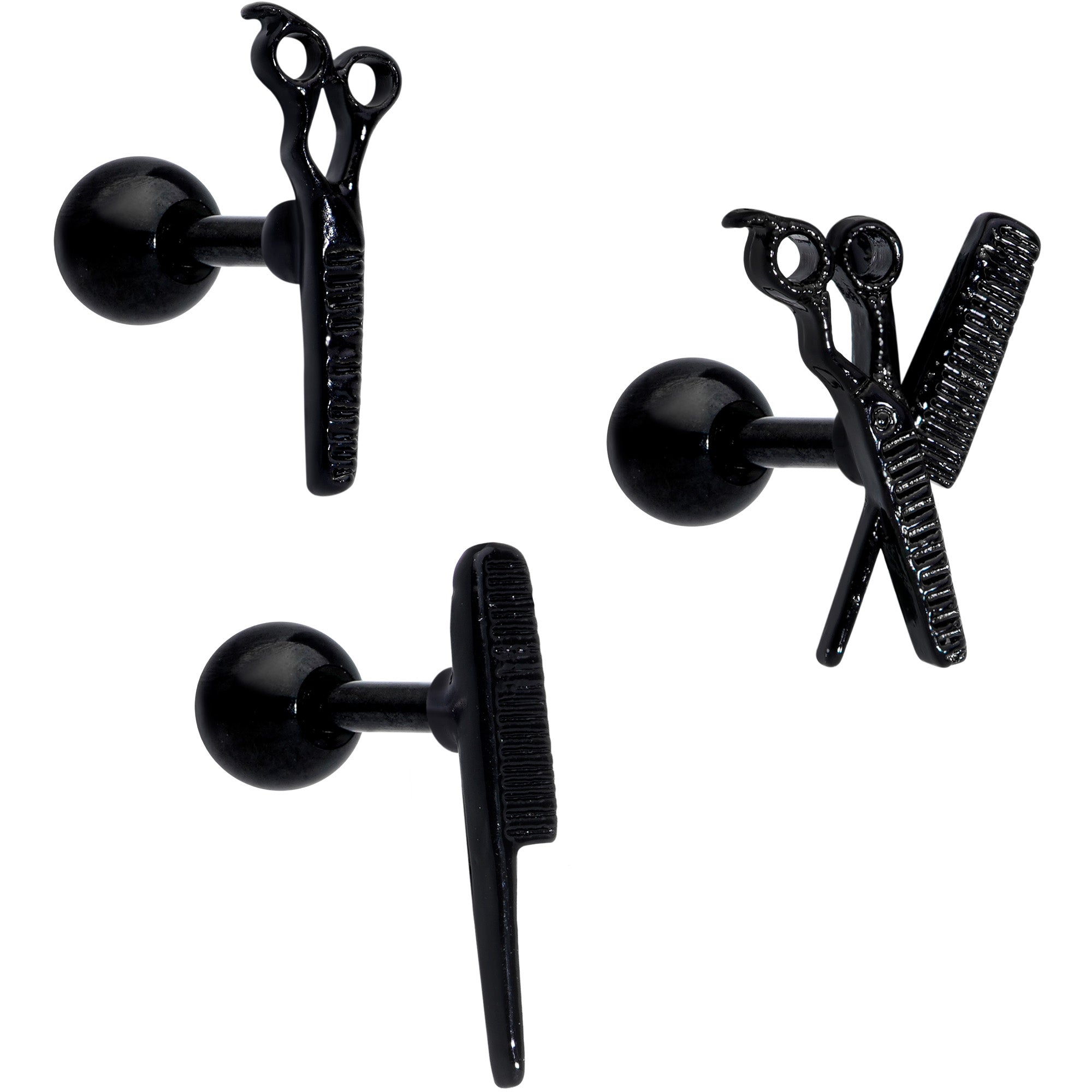 16G 1/4 Black Scissor Comb Hair Cartilage Tragus Earring Set of 3