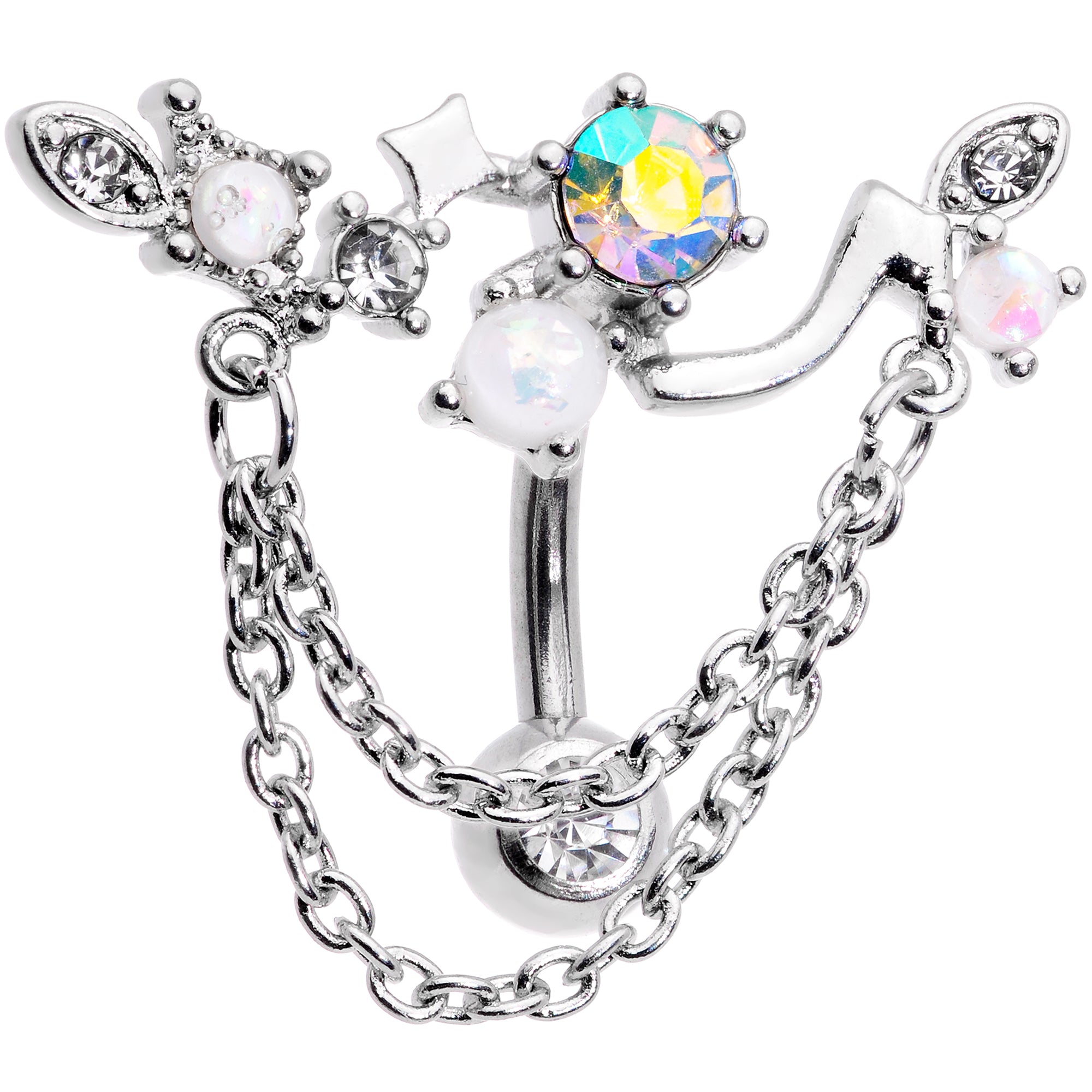 White Faux Opal Aurora Clear Gem Chain Dangle Top Mount Belly Ring