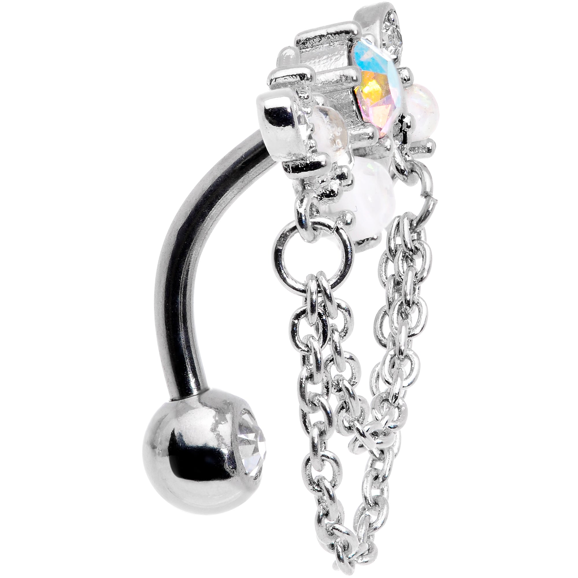 White Faux Opal Aurora Clear Gem Chain Dangle Top Mount Belly Ring