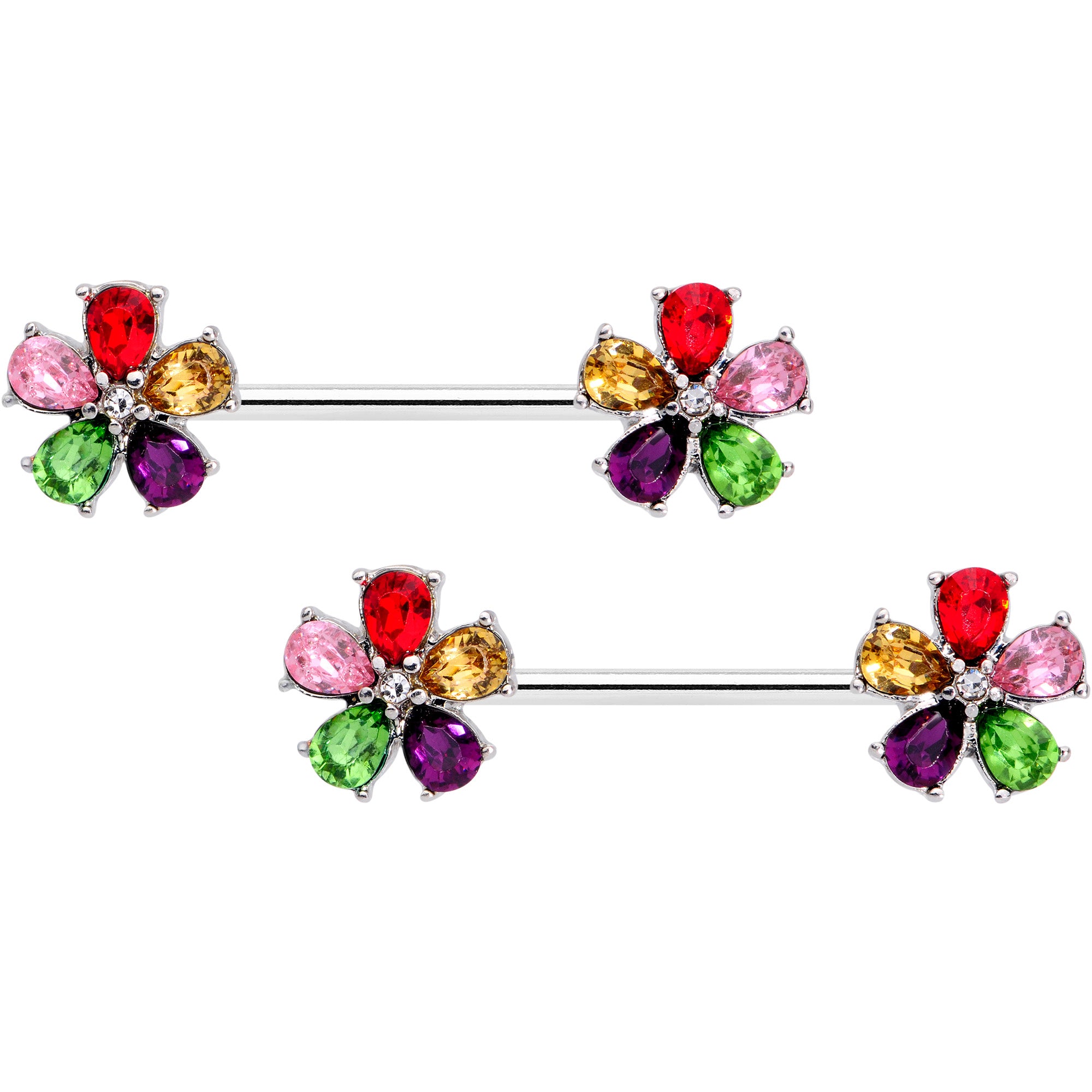 14G 9/16 Rainbow Gem Fabulous Flowers Barbell Nipple Ring Set