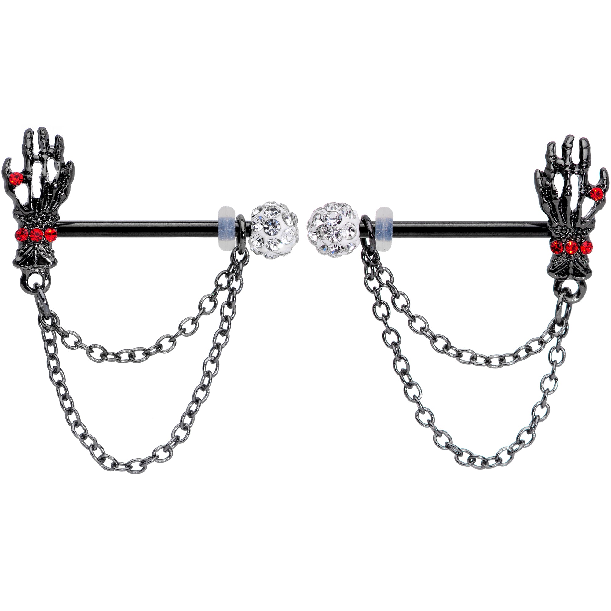 14G 9/16 Red Gem Skeleton Hands Black Halloween Nipple Ring Set