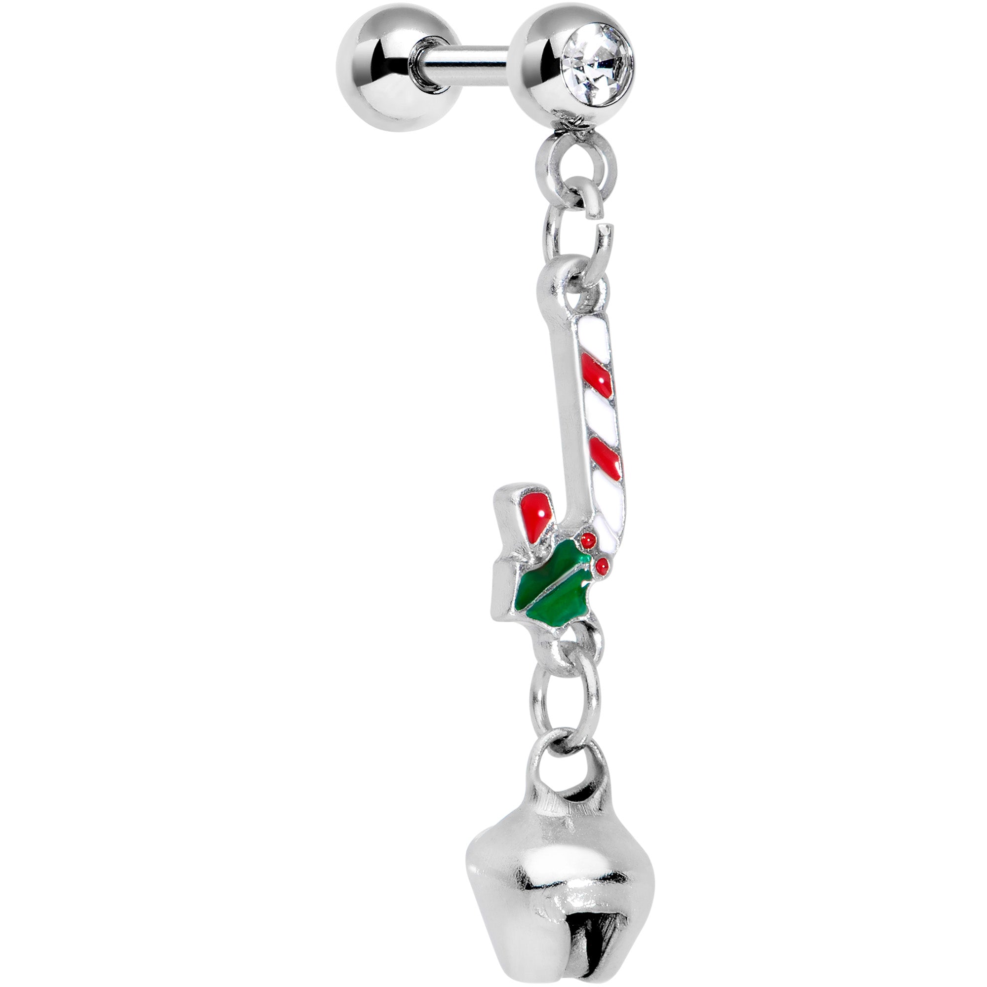 16G 1/4 Clear Gem Candy Cane Christmas Dangle Cartilage Earring