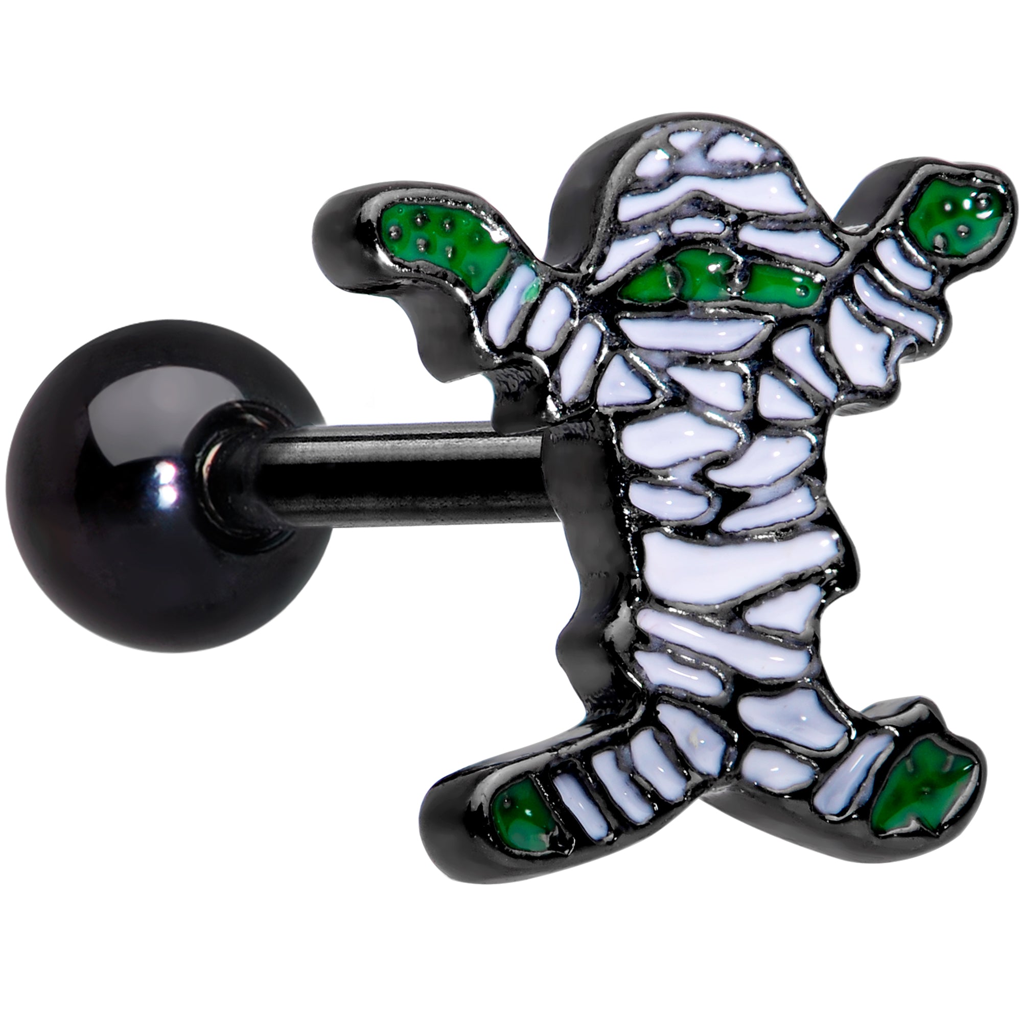 16G 1/4 Black Plated Green White Mummy Halloween Cartilage Tragus