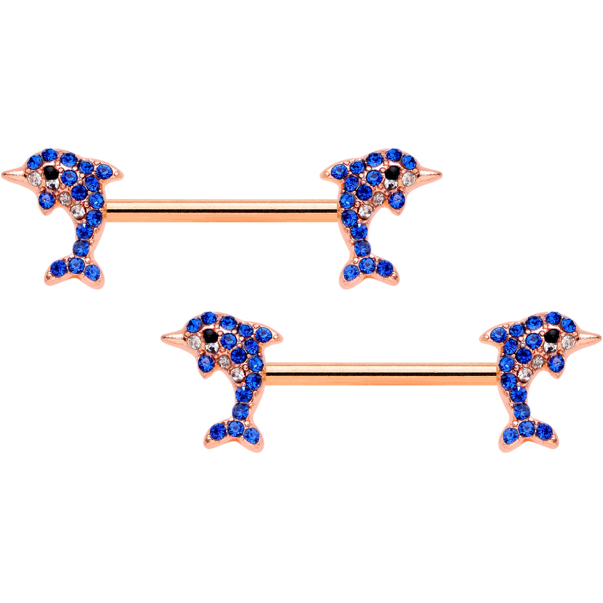 14G 9/16 Blue Gem Rose Gold Tone Dolphin Barbell Nipple Ring Set