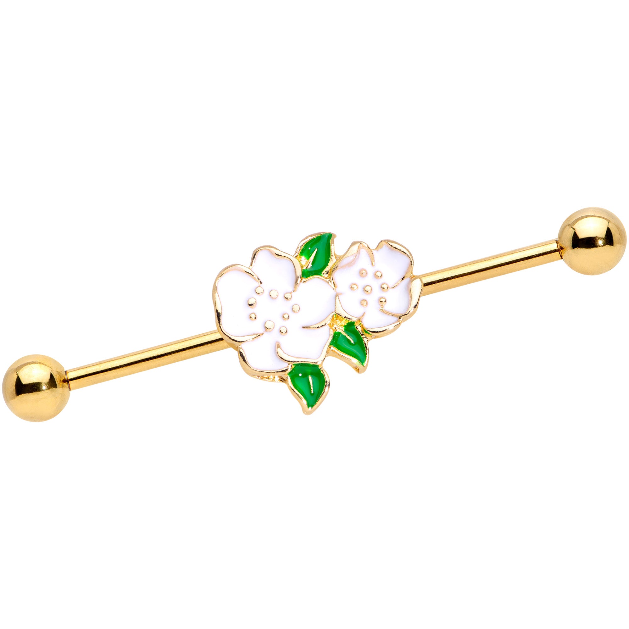 14G Gold Tone White Gardenia Flower Industrial Barbell 38mm