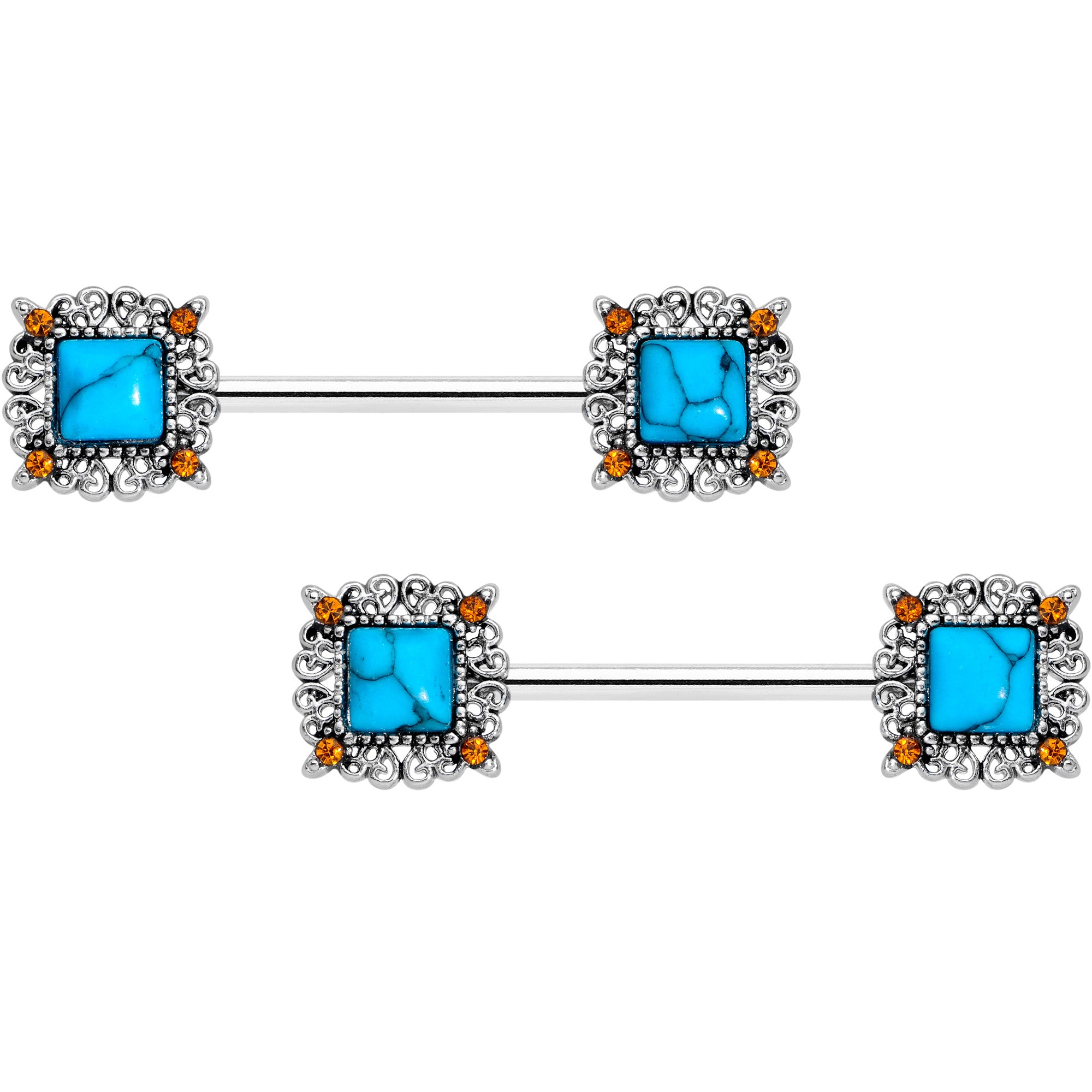 14G 9/16 Blue Faux Turquoise Square Barbell Nipple Ring Set