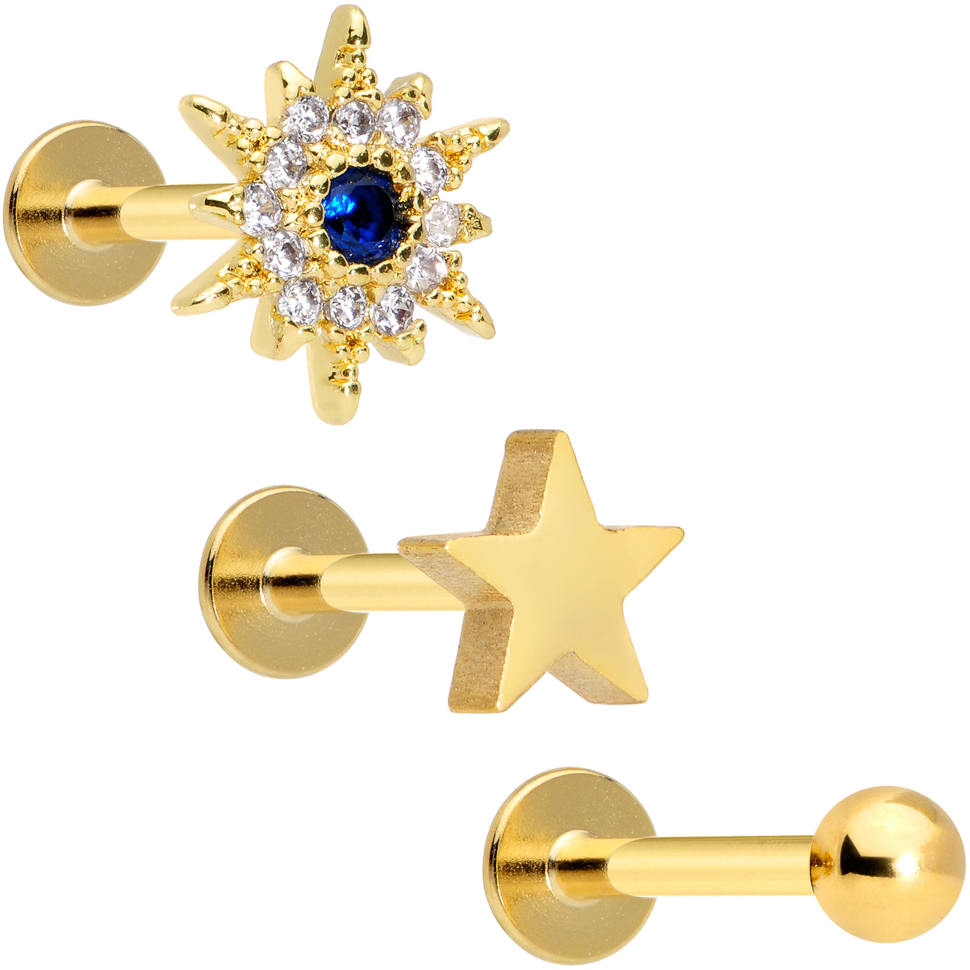 16G 5/16 Blue Clear Gem Gold Tone Star Labret Tragus Set of 3