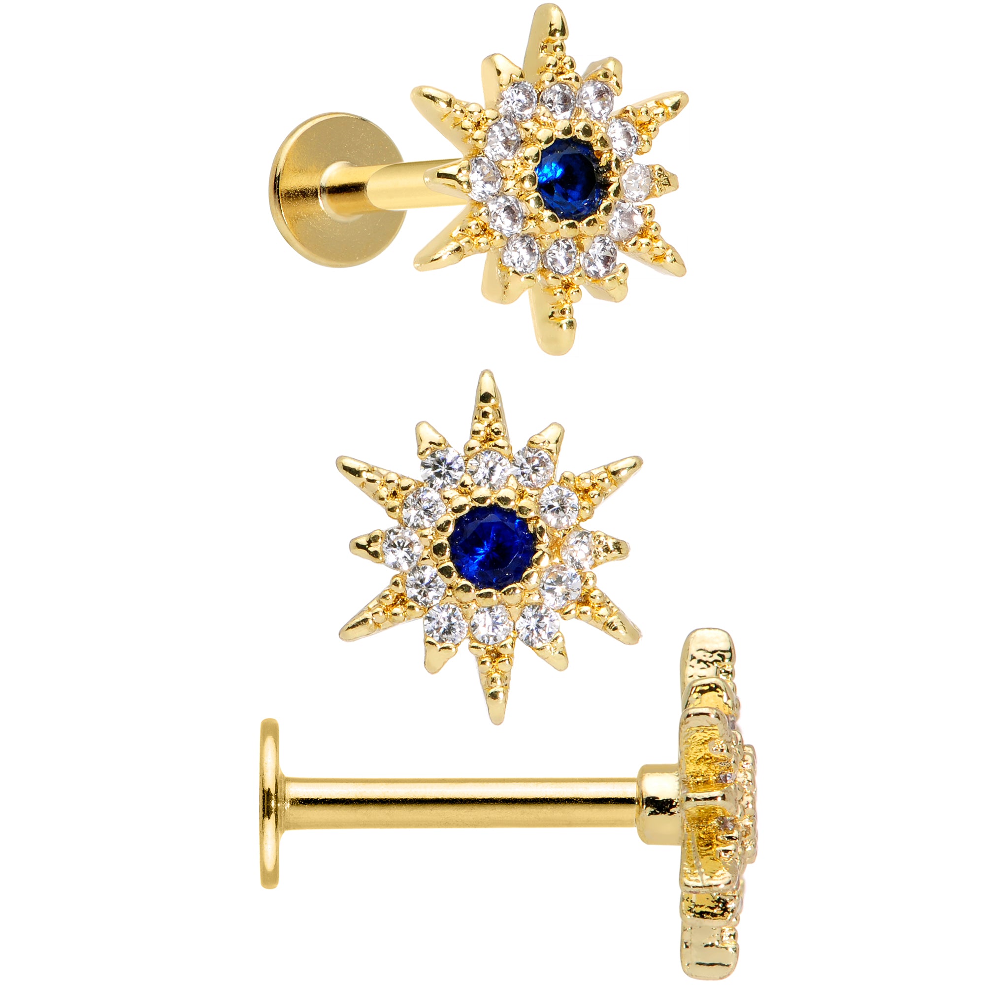 16G 5/16 Blue Clear Gem Gold Tone Star Labret Tragus Set of 3