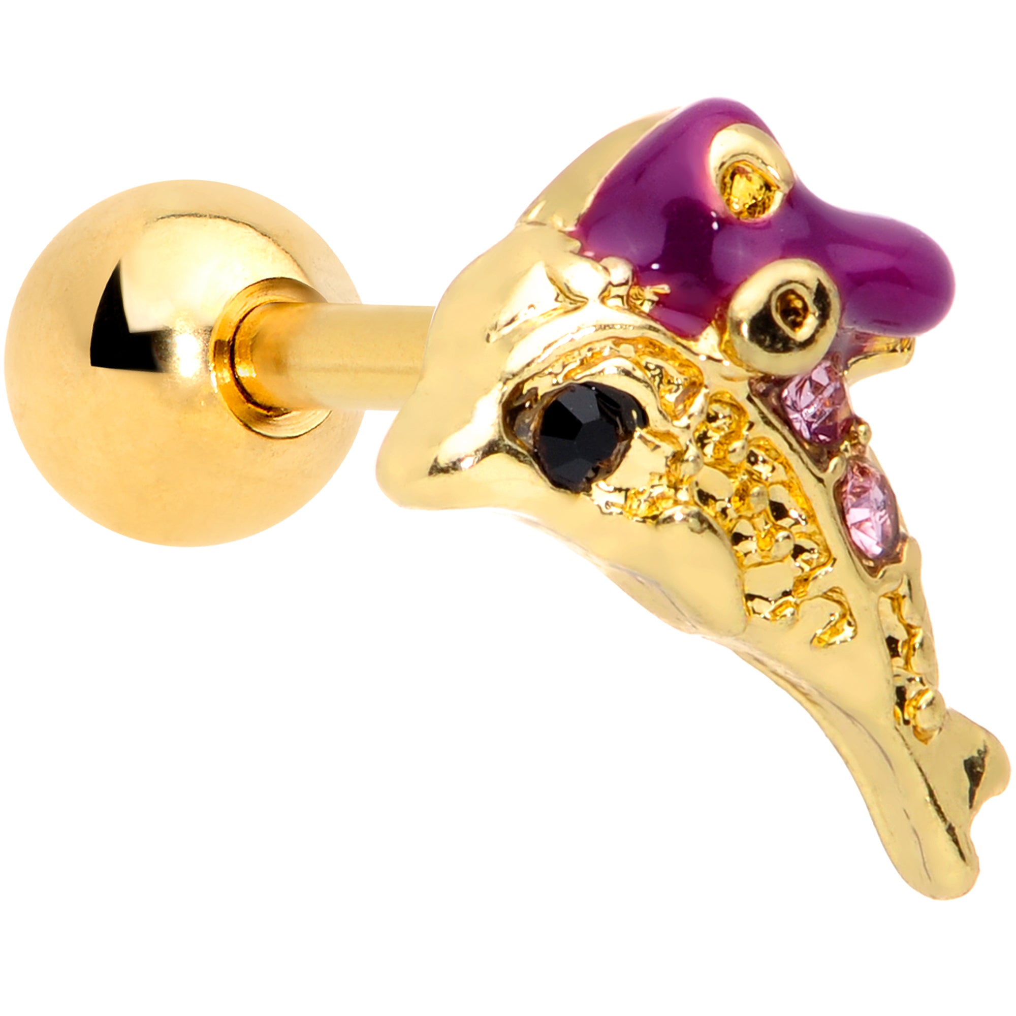 16G 1/4 Purple Gem Gold Tone Dainty Dolphin Cartilage Tragus