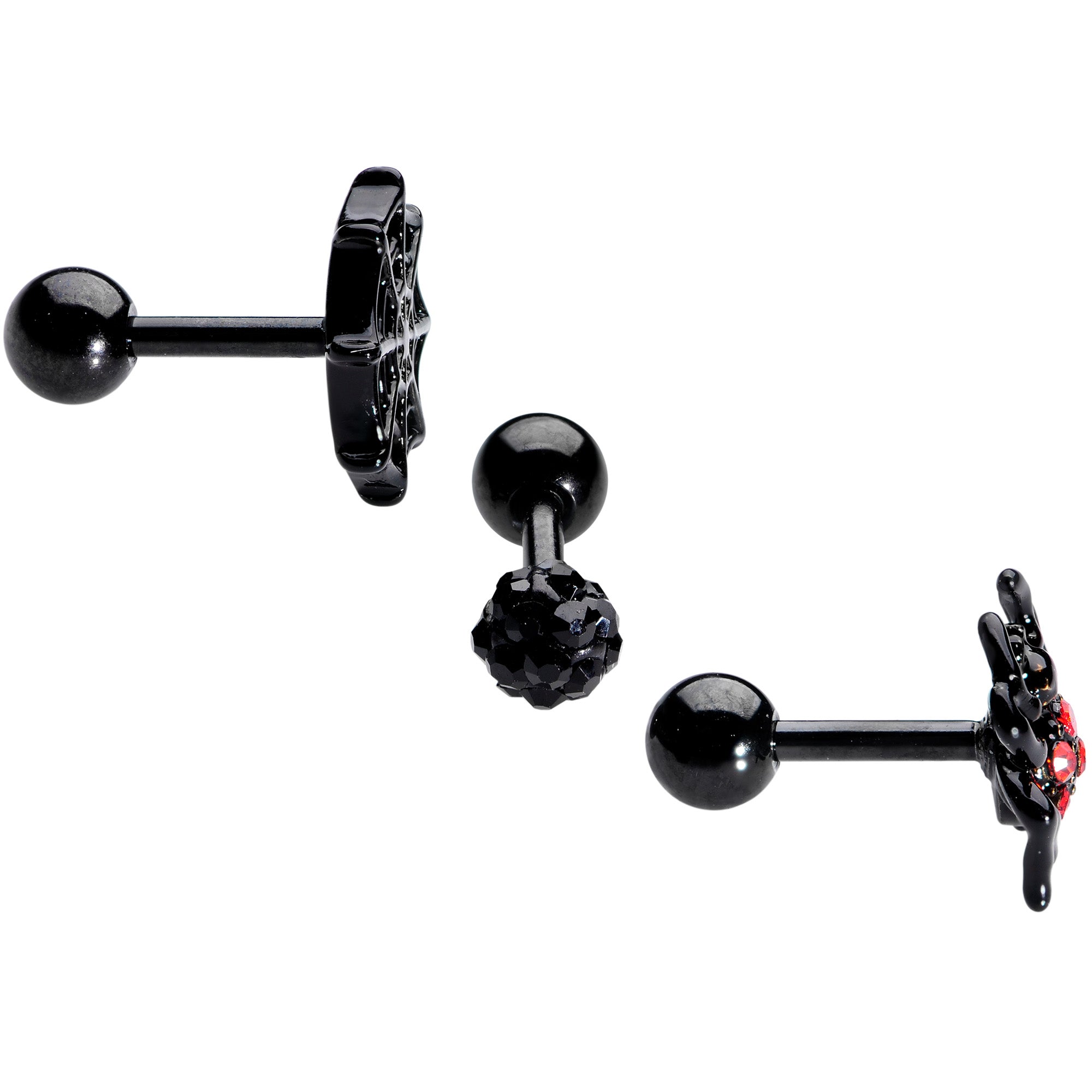 16G 1/4 Black Red Gem Spider Halloween Cartilage Tragus Set of 3