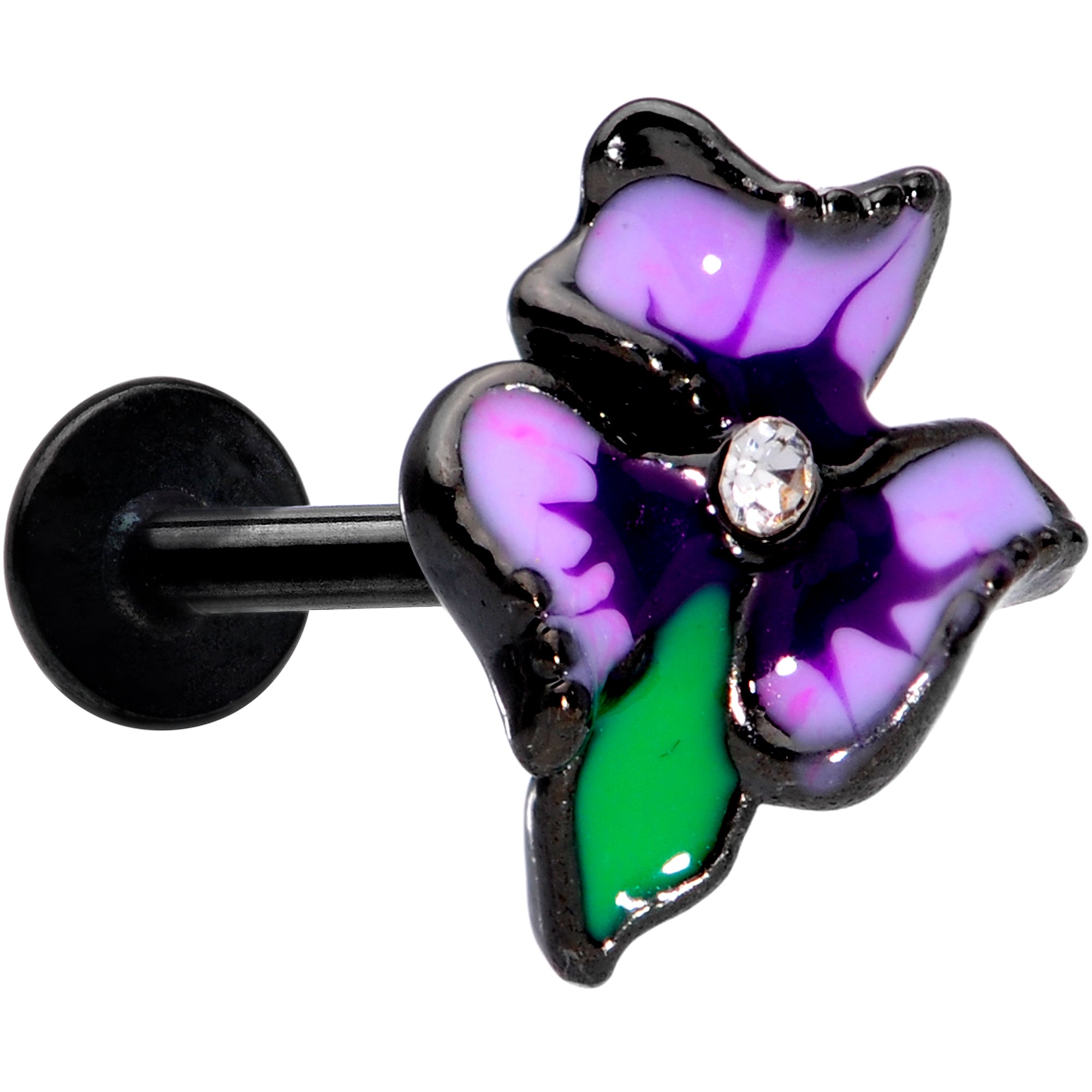 16G 5/16 Clear Gem Black Iris Flower Labret Monroe Tragus