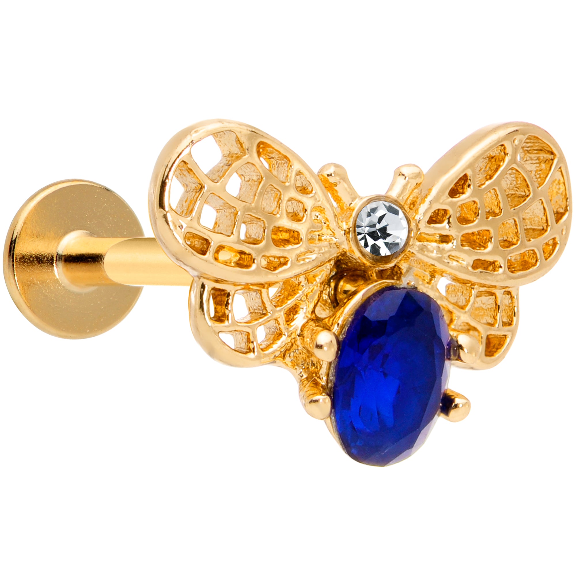 16G 5/16 Blue Gem Gold Tone Beautiful Bee Labret Monroe Tragus