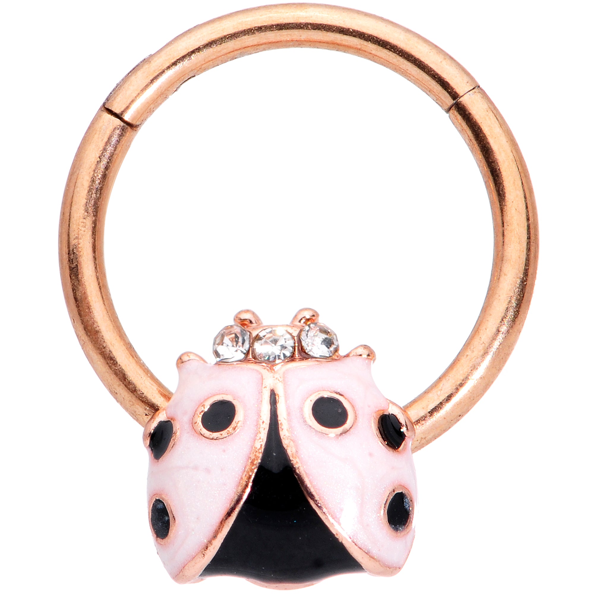 16G 3/8 Clear Gem Rose Gold Tone Lil Ladybug Hinged Segment Ring
