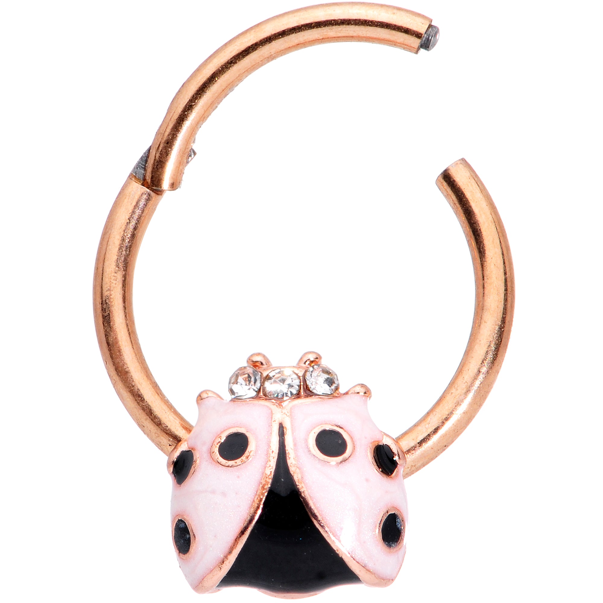 16G 3/8 Clear Gem Rose Gold Tone Lil Ladybug Hinged Segment Ring