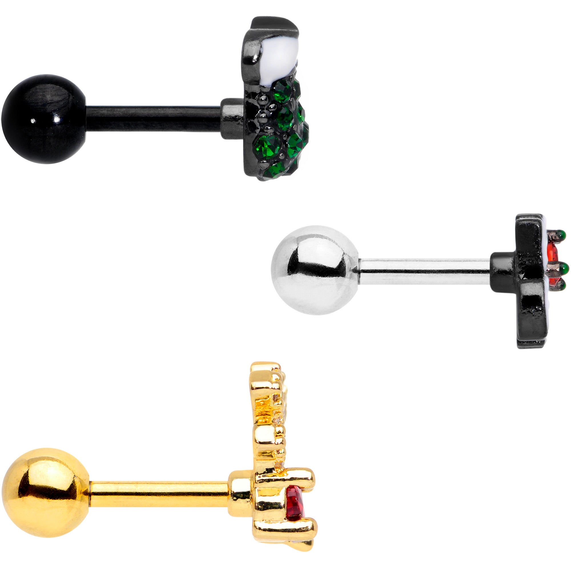 16G 1/4 Red CZ Gem Gold Tone Christmas Cartilage Earring Set of 3