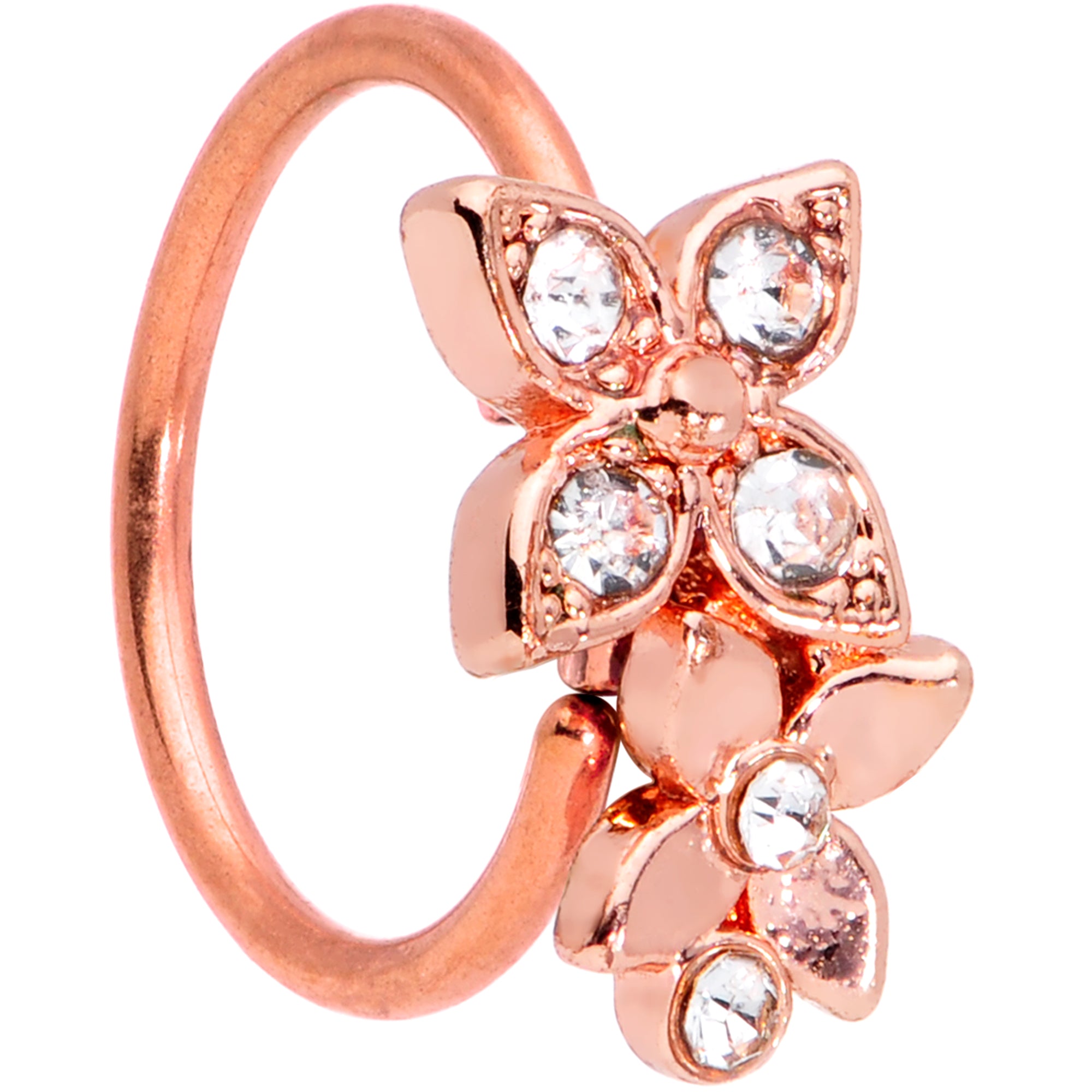20G 5/16 Clear Gem Rose Gold Tone Glam Butterfly Flower Nose Hoop