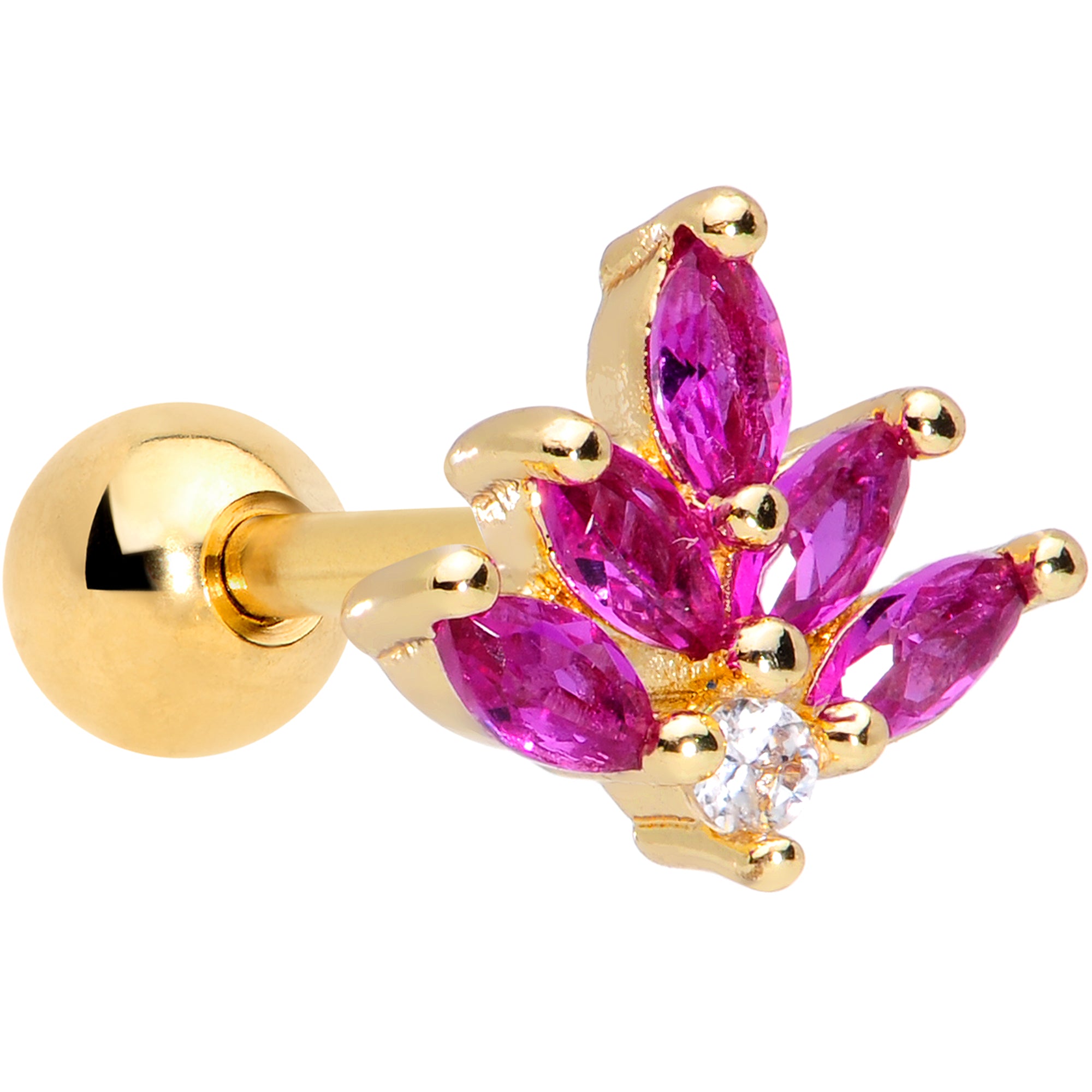 16G 1/4 Dark Red Gem Gold Tone Autumn Leaves Cartilage Tragus