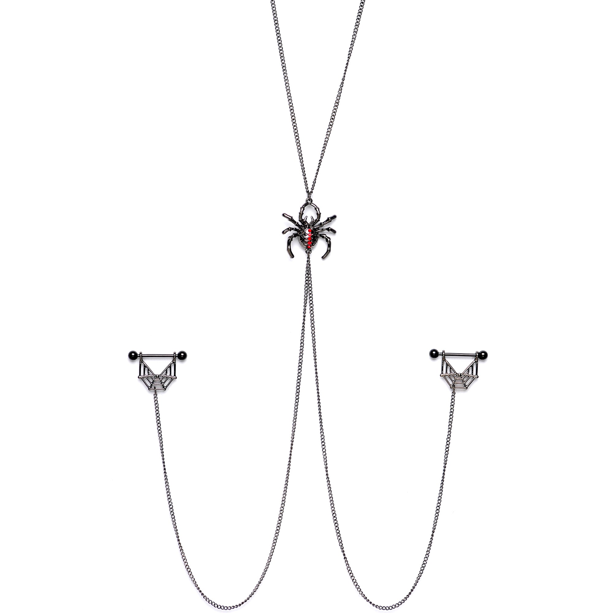 14G 9/16 Red Gem Black Spider Web Halloween Nipple Chain Necklace