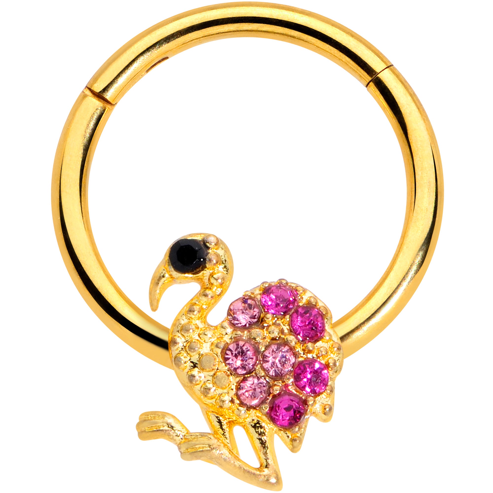 16G 3/8 Pink Gem Gold Tone Fashion Flamingo Hinged Segment Ring