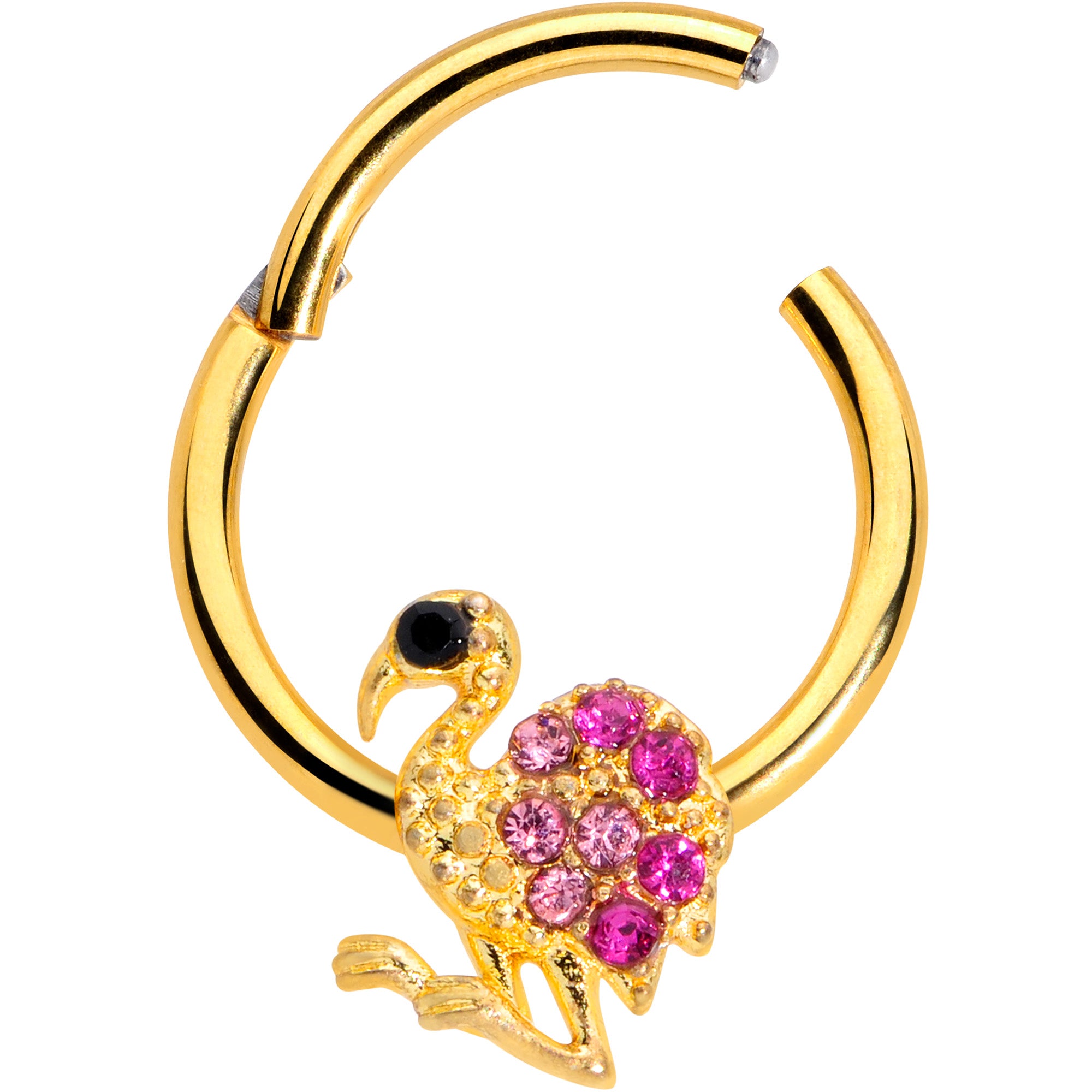 16G 3/8 Pink Gem Gold Tone Fashion Flamingo Hinged Segment Ring