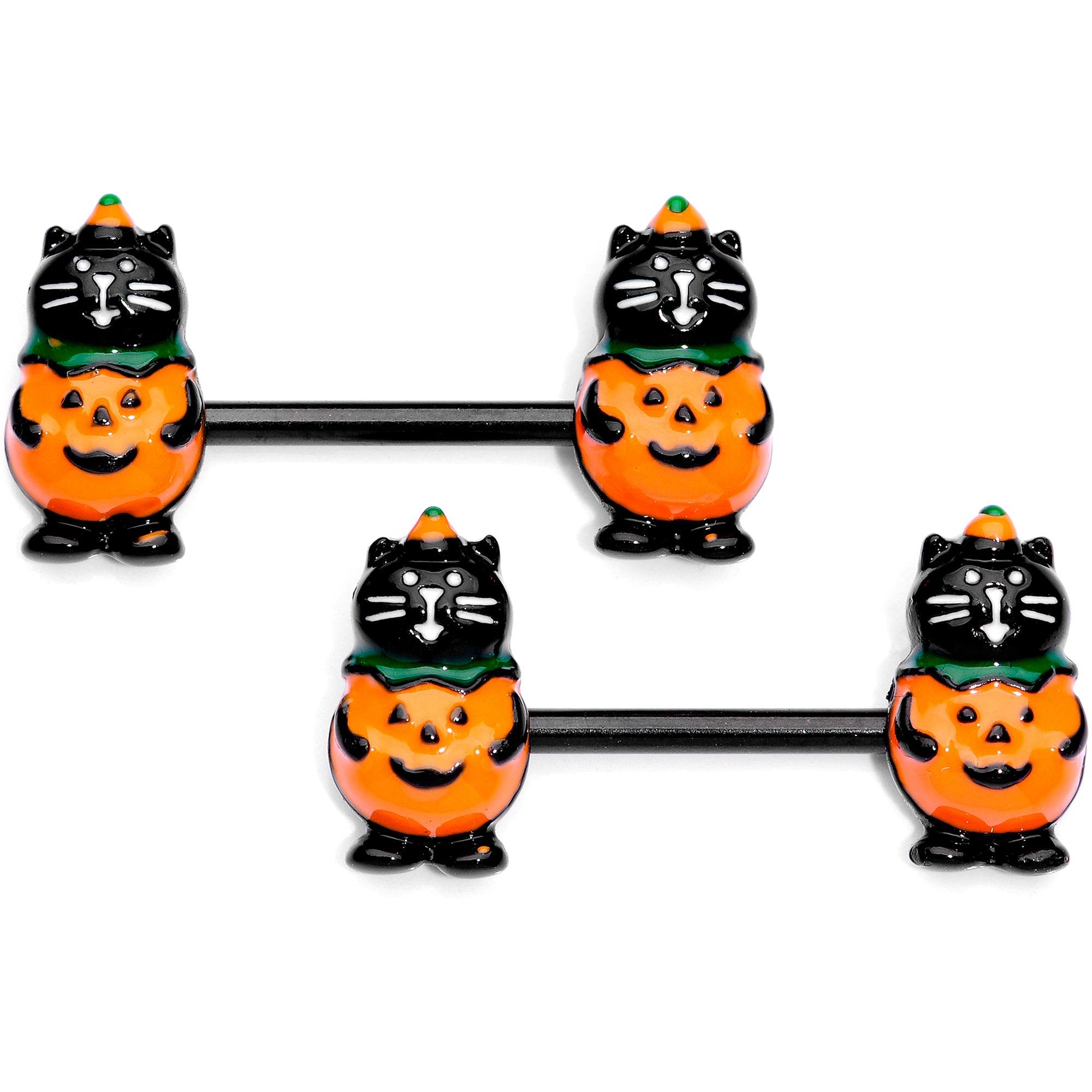 14G 9/16 Black Cat Pumpkin Halloween Barbell Nipple Ring Set