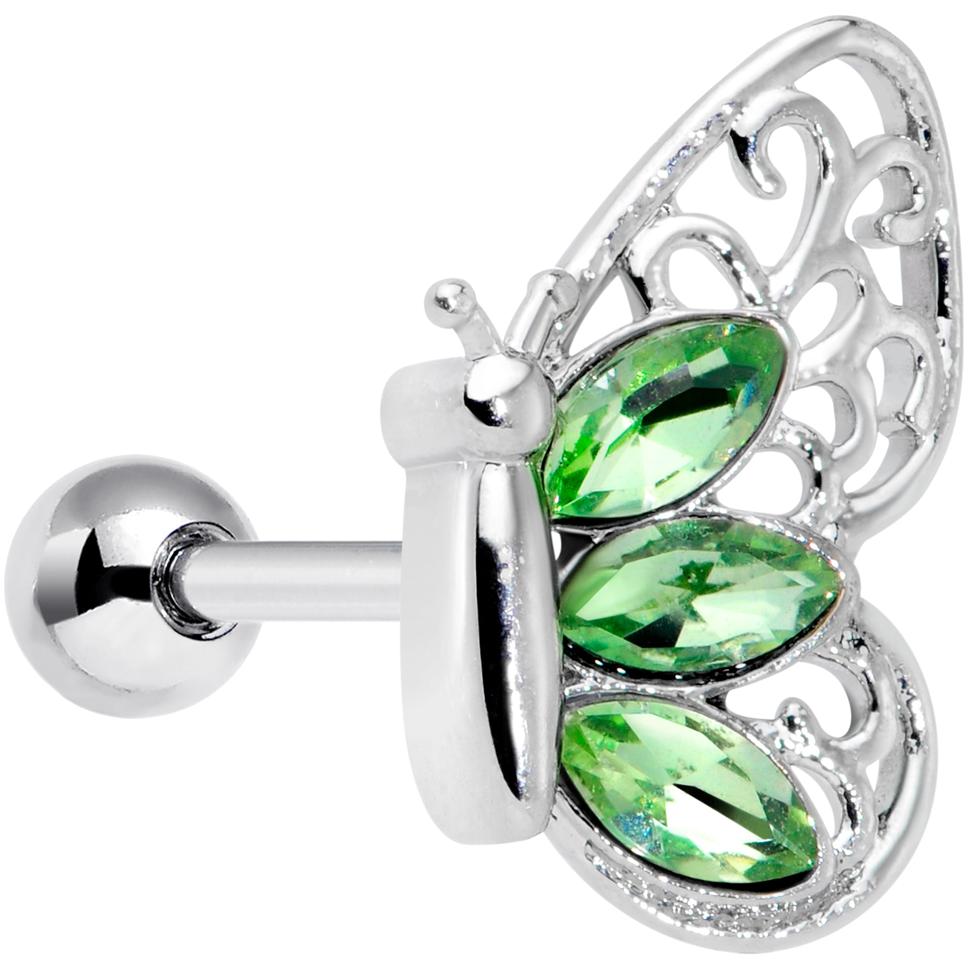 16G 1/4 Green Gem Lacy Butterfly Cartilage Tragus Earring