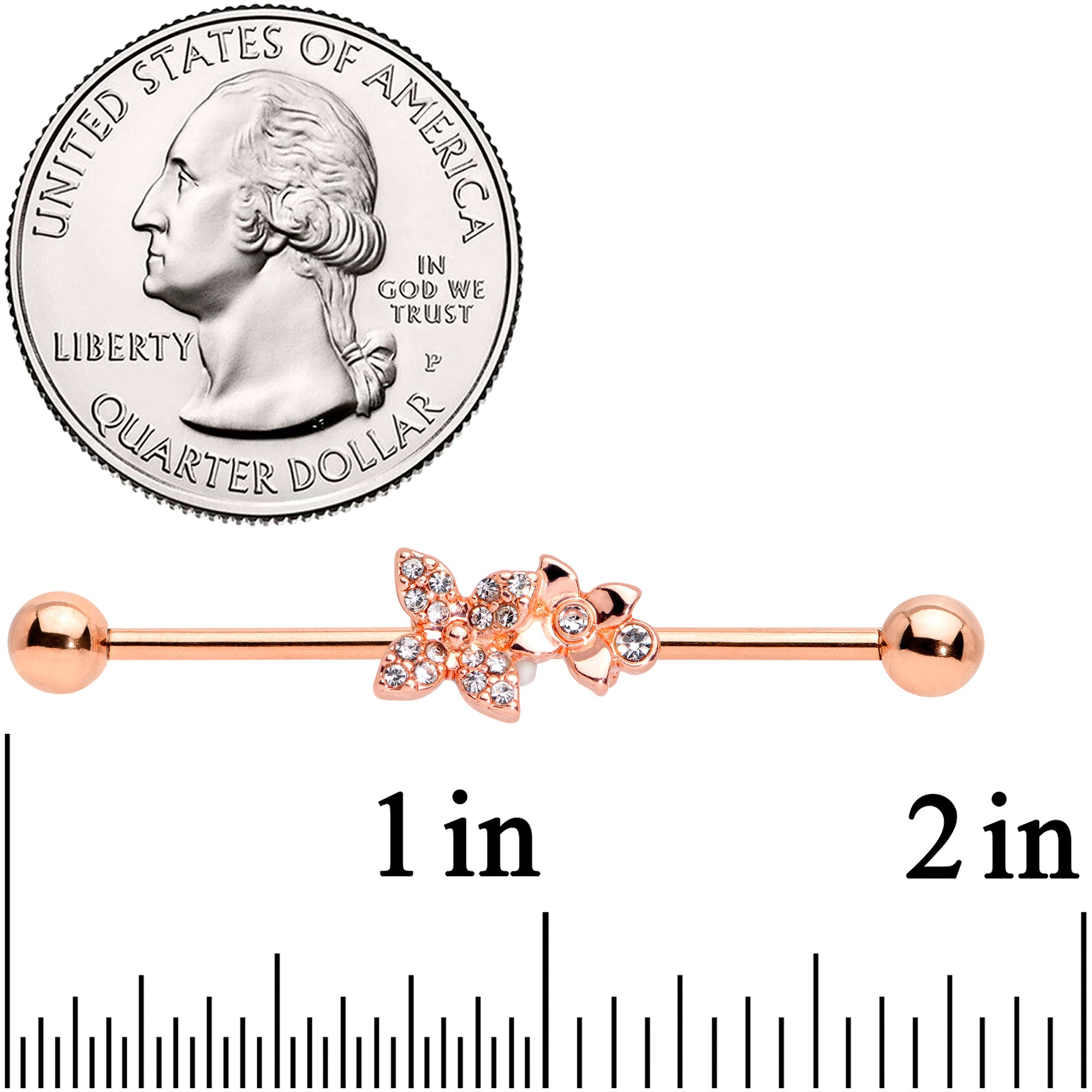 14G Clear Gem Rose Gold Tone Butterfly Industrial Barbell 38mm