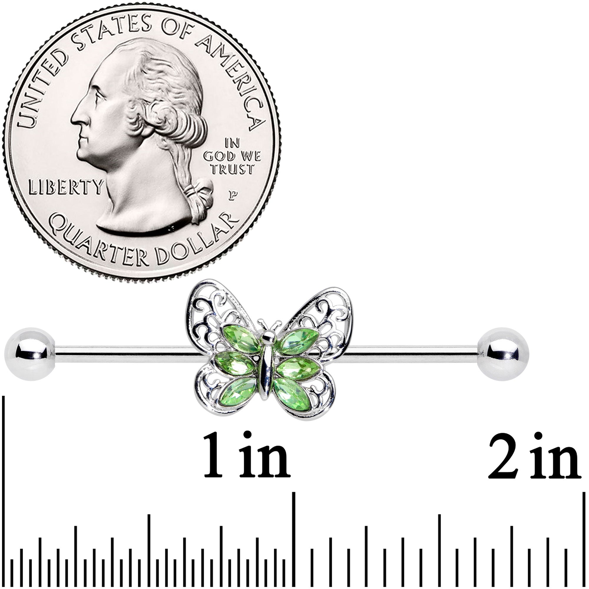 14G Green Gem Lacy Butterfly Industrial Barbell 38mm
